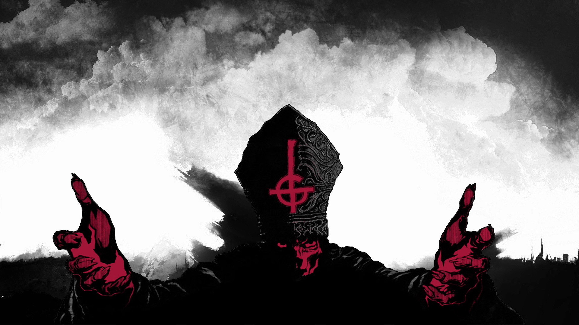 Papa Emeritus, Ghost, Croce rovesciata, Bianco e rosso, Full HD 1080p, sfondo desktop