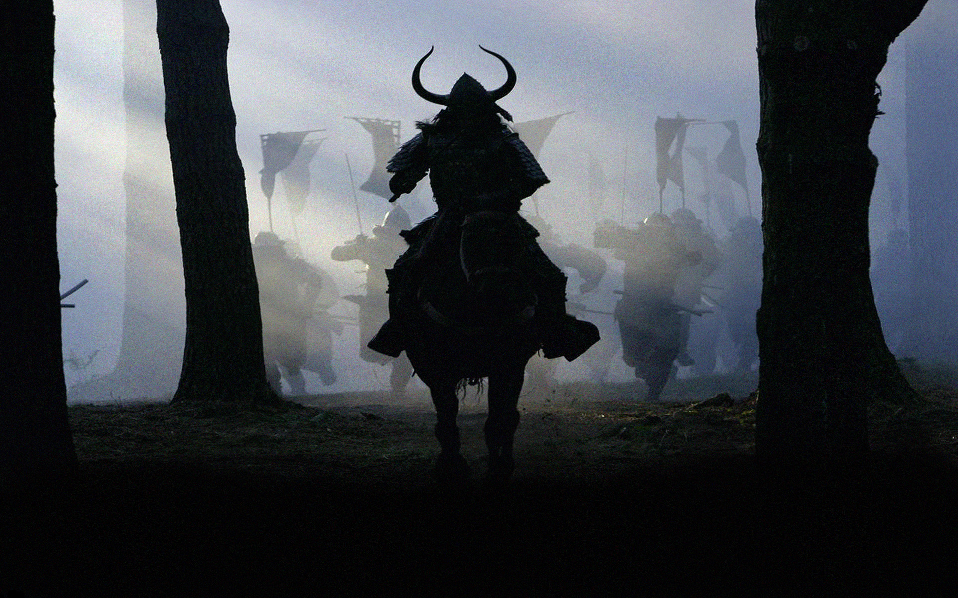 Samurai a cavallo, Silhouette, Foresta, Nebbia, Full HD, wallpaper per computer