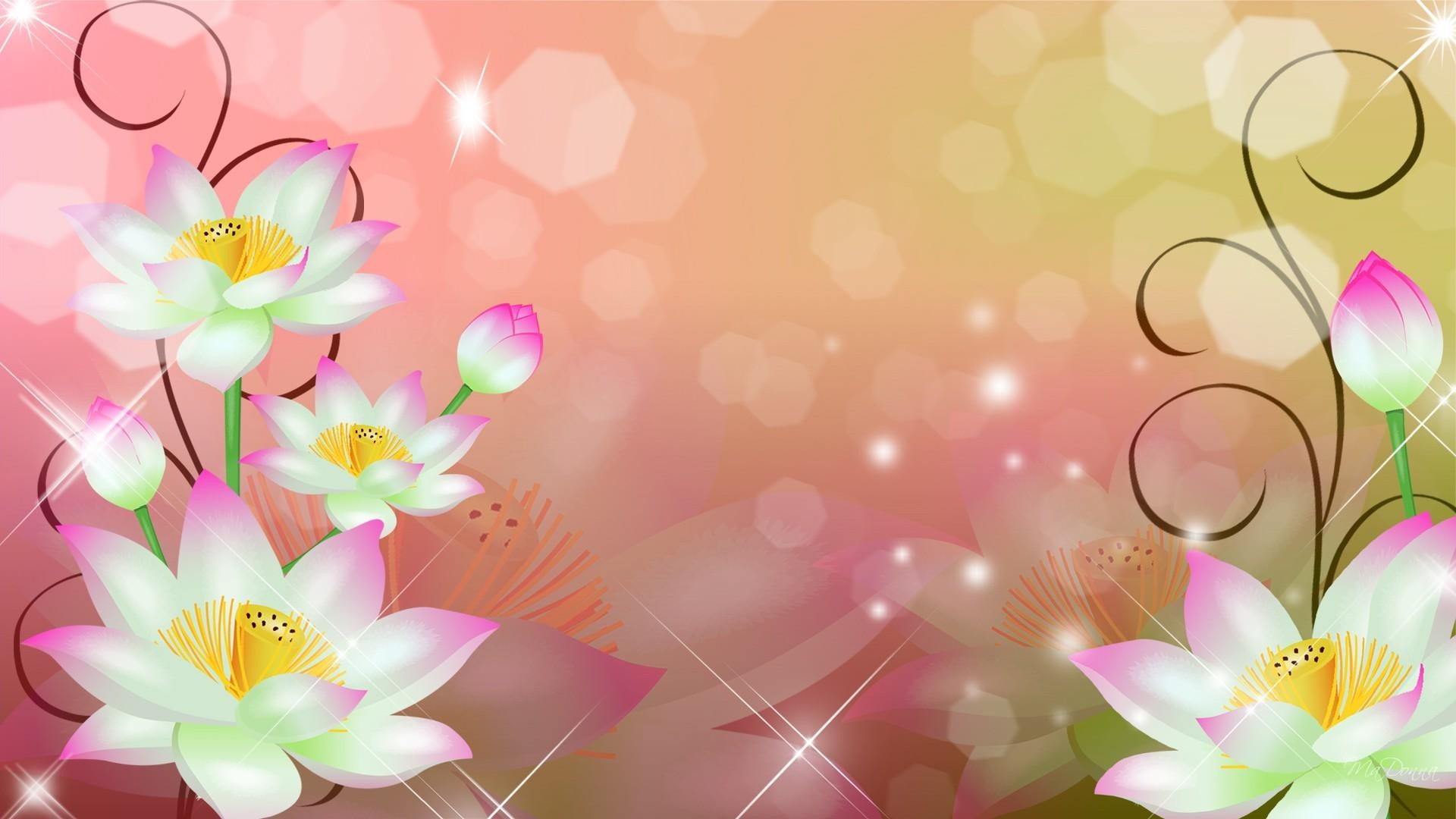 Fiori di loto, Brillantini, Bokeh, Rosa, Arte digitale, 16:9 Full HD, sfondo widescreen