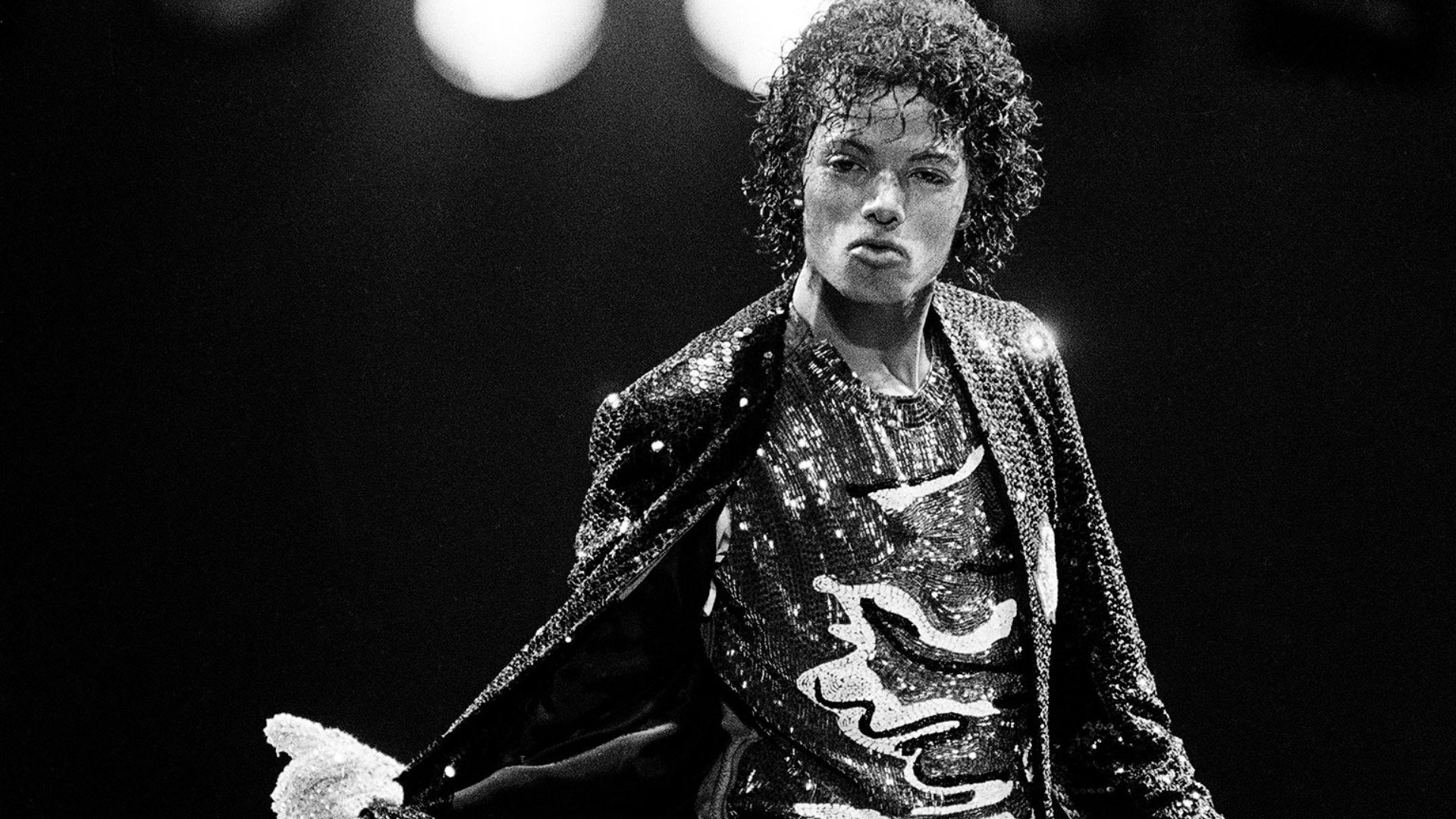 Michael Jackson, Victory Tour, Giacca di paillettes, Bianco e nero, sfondo desktop Full HD
