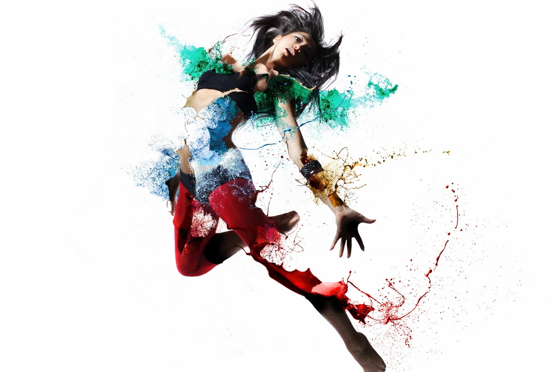 Ballerina, Schizzi di colore, Salto, Sfondo bianco, Full HD, wallpaper per PC