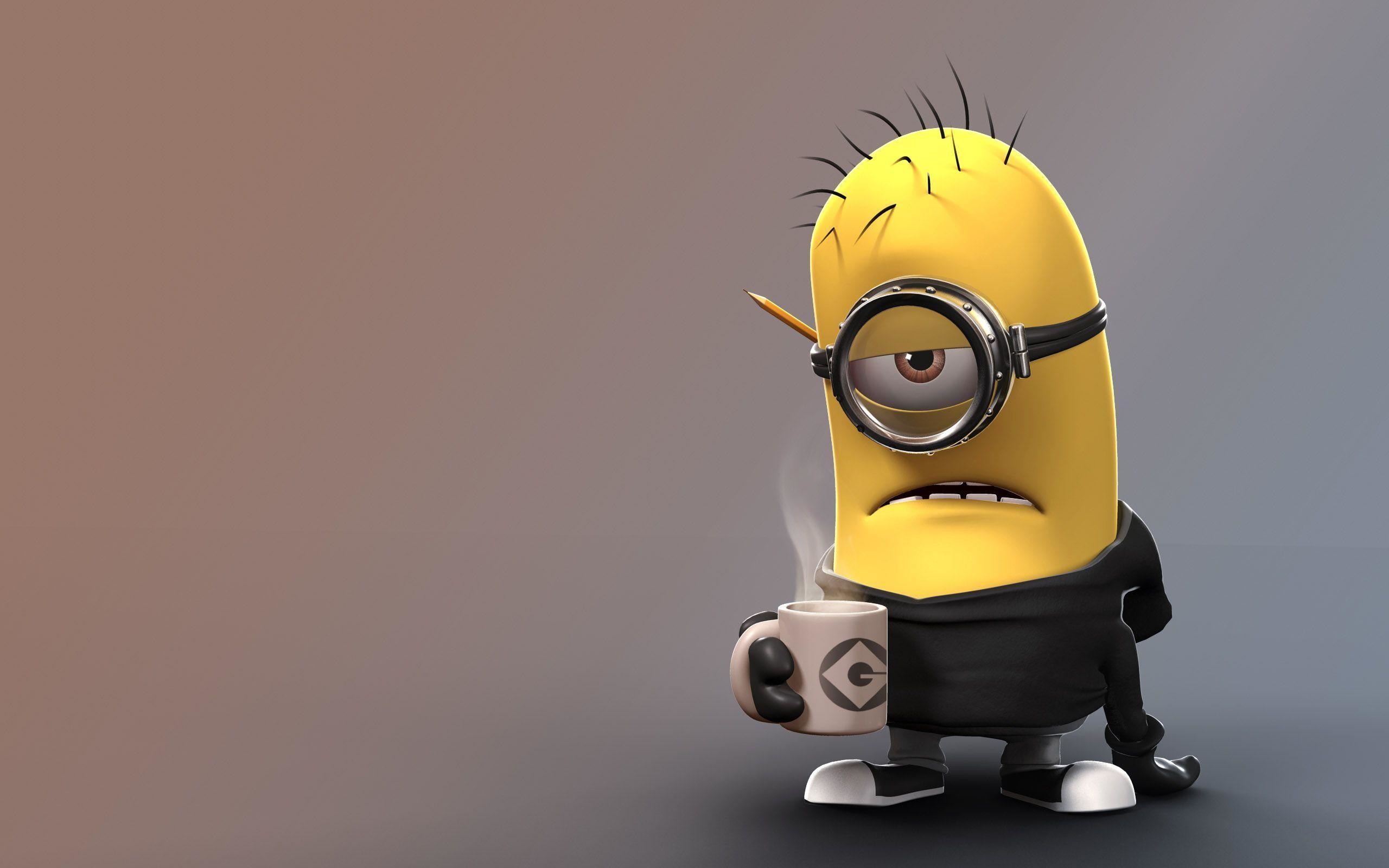 Minion, Tazza di caffè, Mattina, Sfondo grigio, 2K, wallpaper per PC