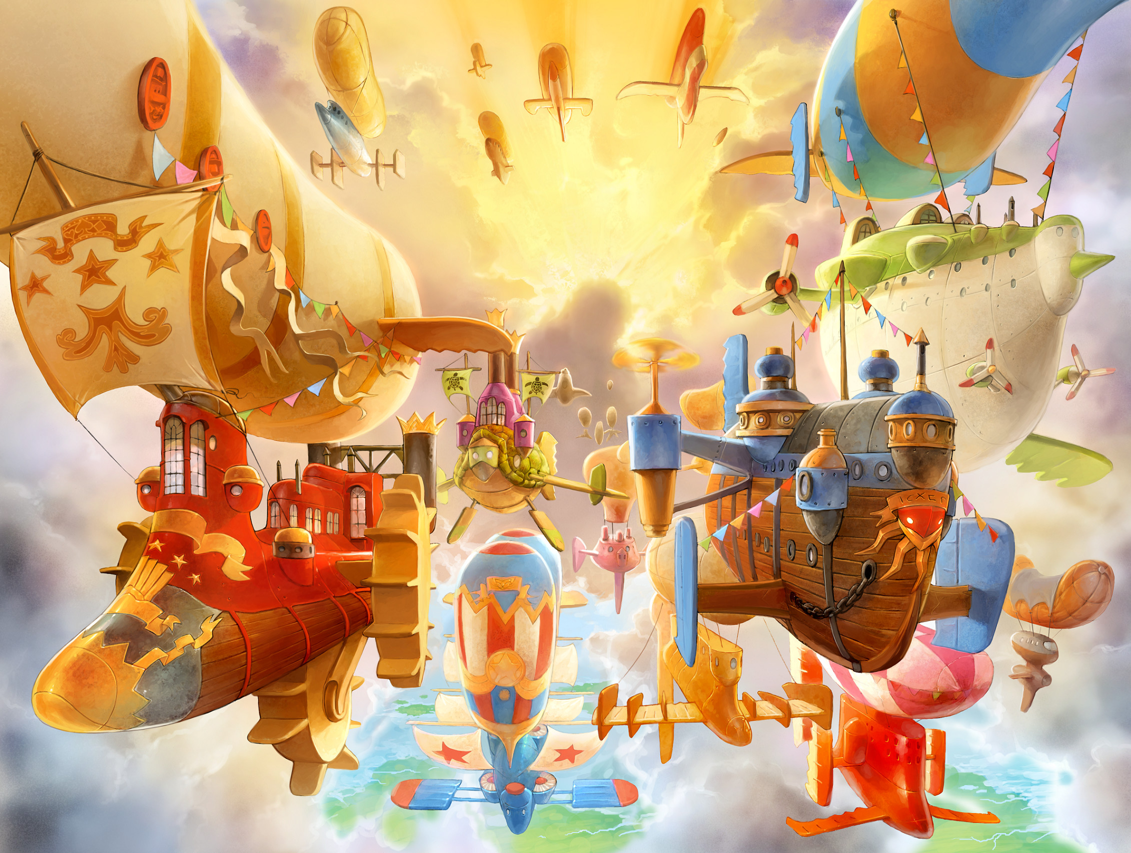 Navi volanti, Città nel cielo, Illustrazione, Colori vivaci, Full HD, schermata di blocco iPad