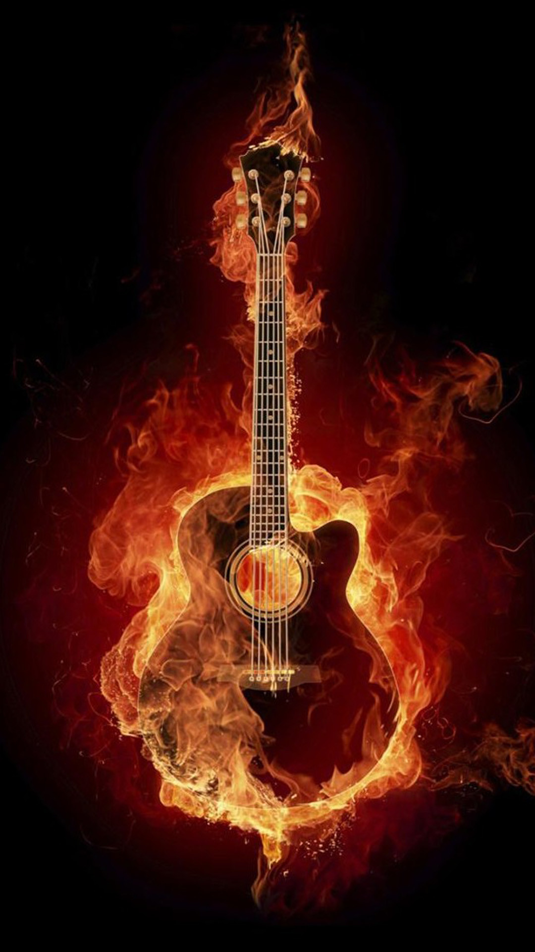 Chitarra acustica, Fuoco, Fiamme, Sfondo nero, Full HD, schermata di blocco del cellulare