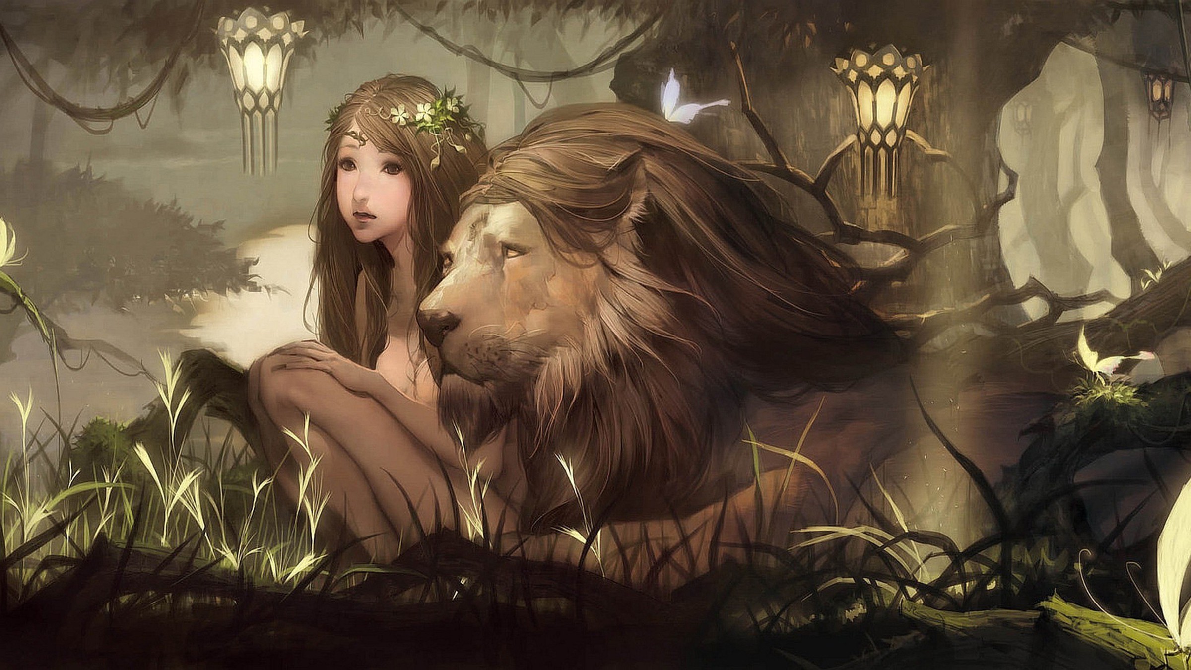Leone, Ragazza, Fantasy, Illustrazione, Foresta, Full HD, sfondo per PC