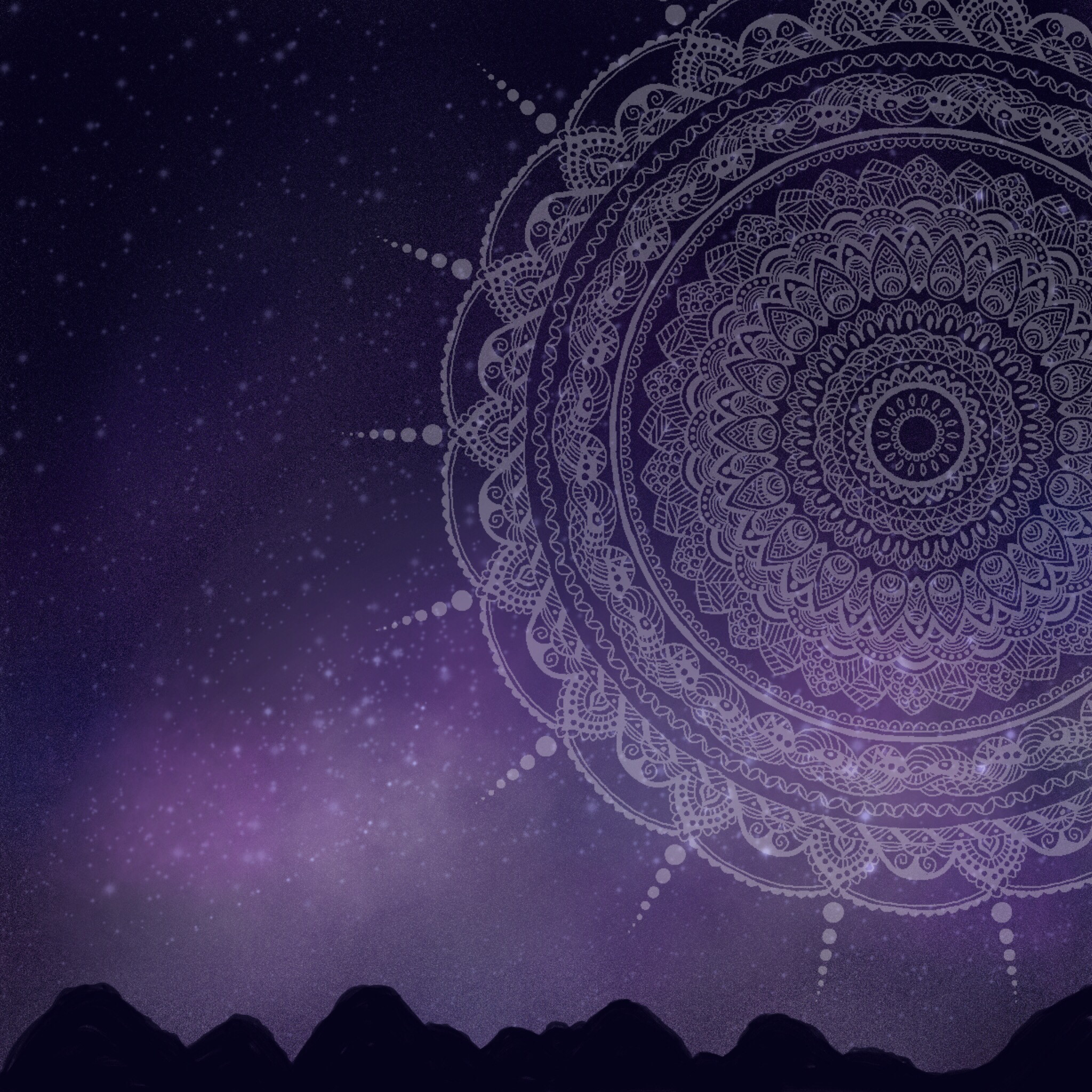 Mandala, Cielo stellato, Montagne, Viola, sfondo per iPad e tablet