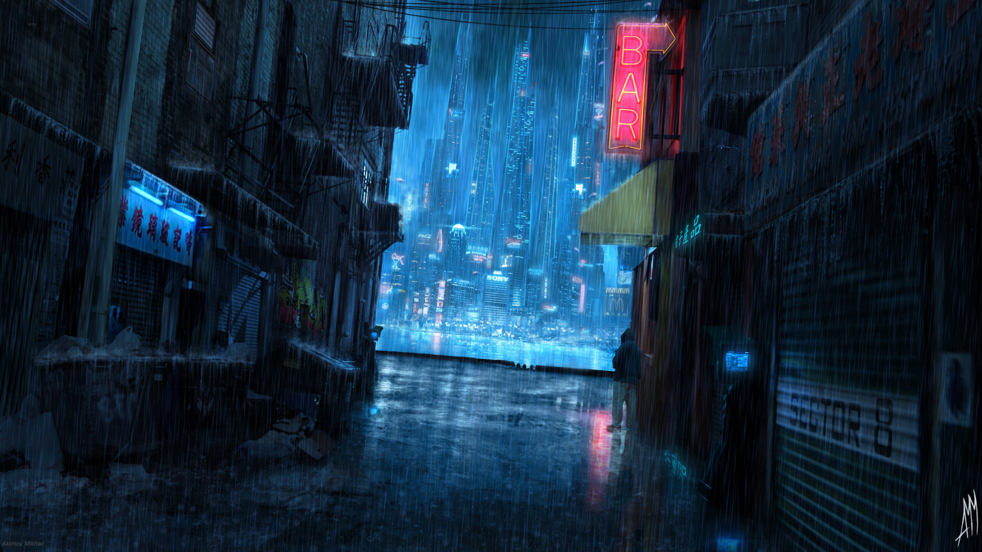 Vicolo cyberpunk, Pioggia, Notte, Blu, Full HD, sfondo Windows 11