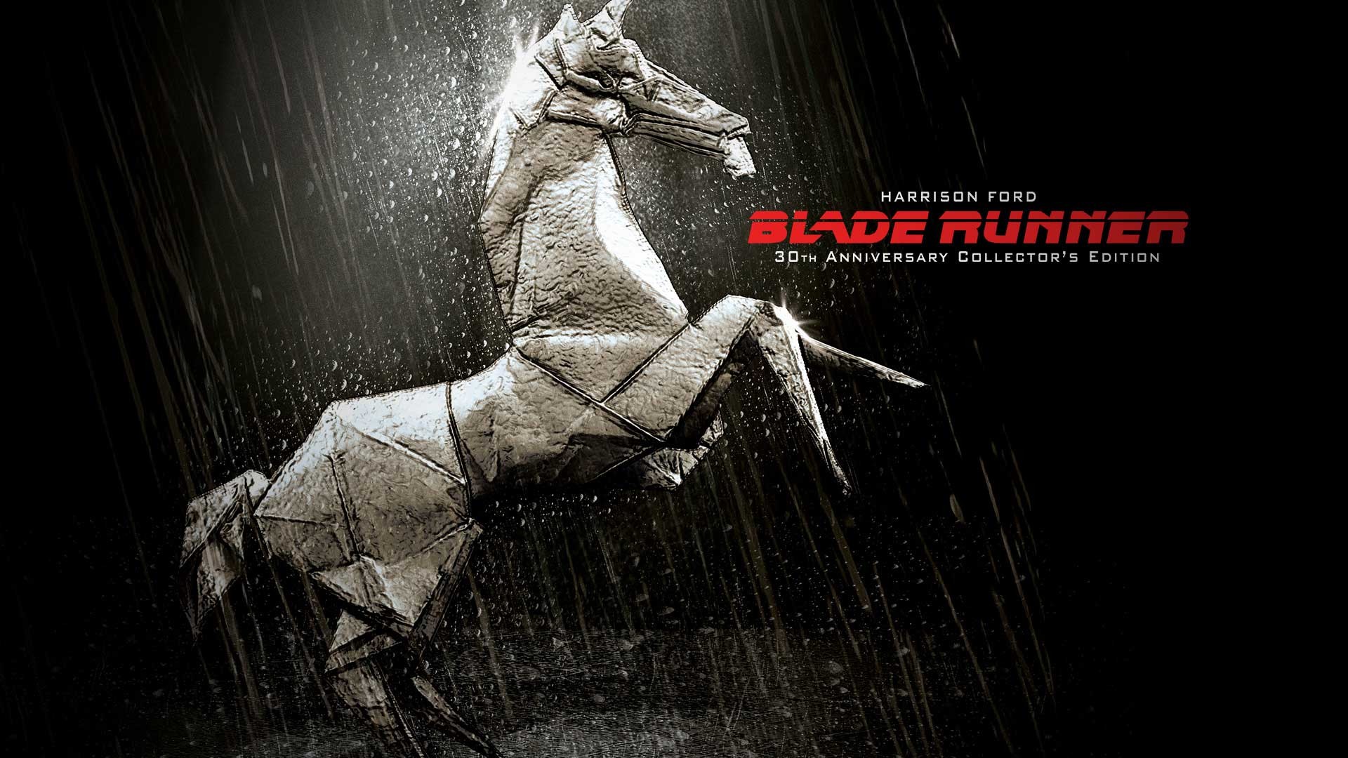 Blade Runner, Unicorno di origami, 30° anniversario, Pioggia, Sfondo nero, wallpaper per portatile