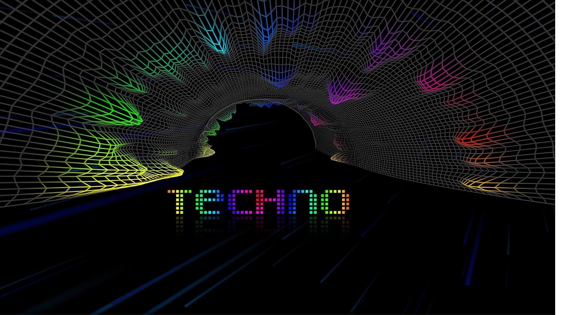 Techno, Tunnel arcobaleno, Griglia 3D, Sfondo nero, Full HD, wallpaper desktop