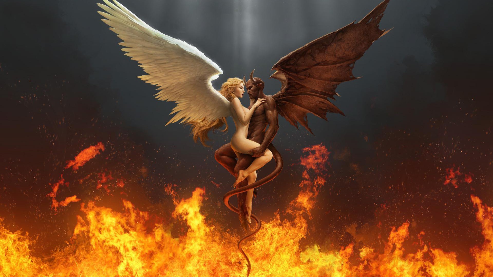 Angelo e demone, Ali, Fiamme, Abbraccio, Arte fantasy, Full HD, sfondo per PC e portatile
