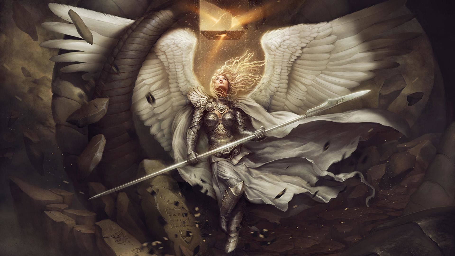 Angelo guerriero, Lancia, Armatura, Ali bianche, Arte fantasy, Full HD, sfondo Windows 11