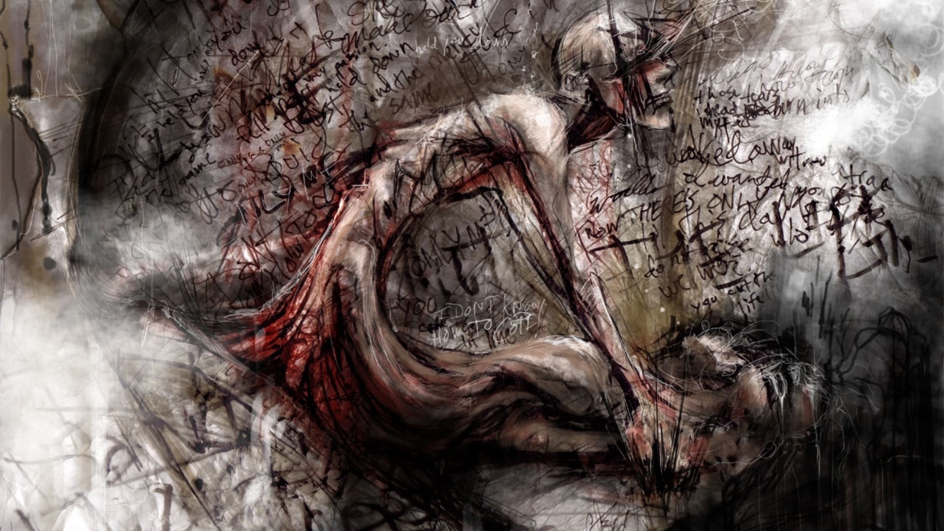 Creatura contorta, Scritte, Sangue, Disegno, Full HD, sfondo per portatile