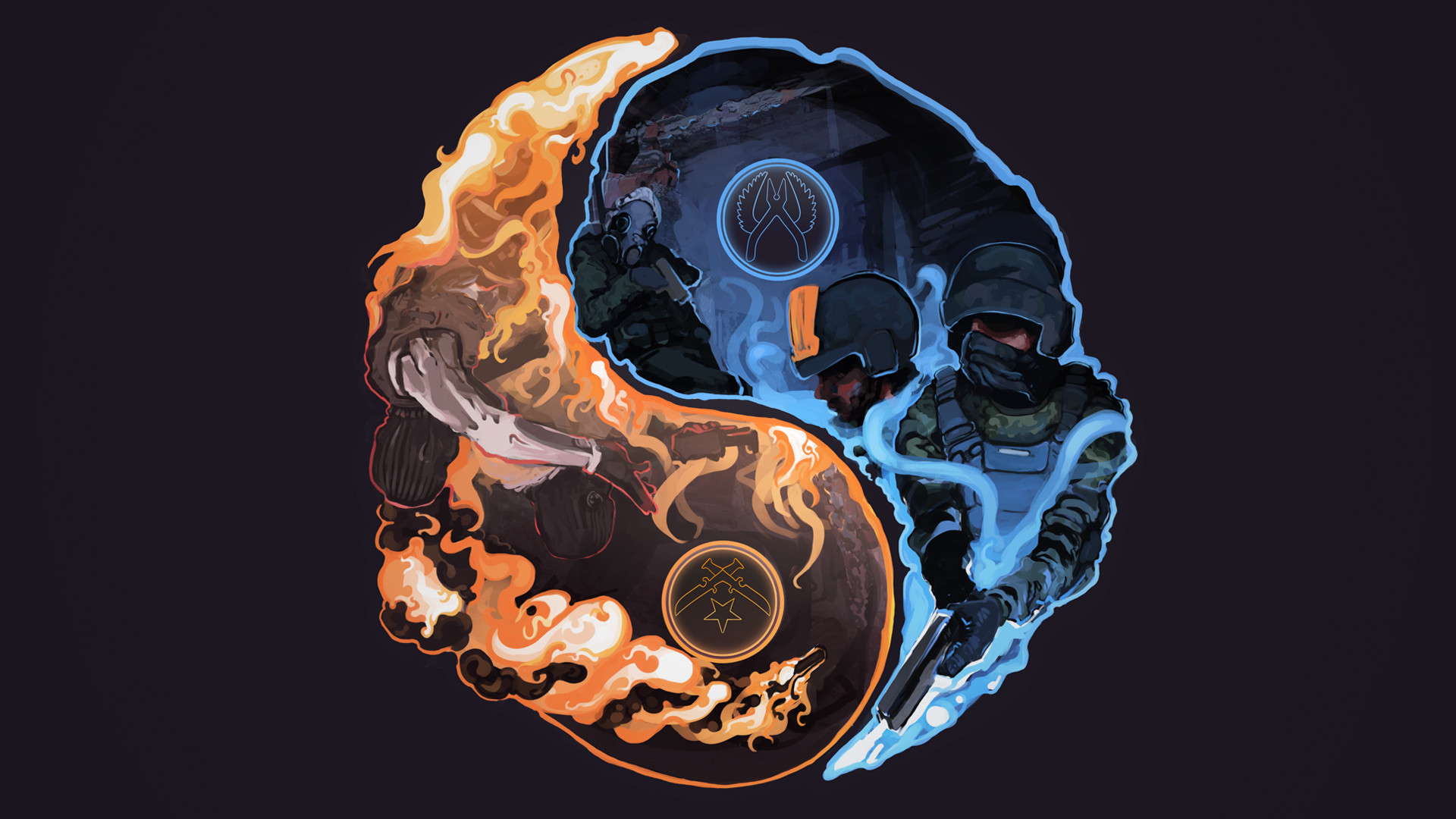 Yin e yang, Counter-Strike: Global Offensive, Fuoco e ghiaccio, Full HD 1080p, sfondo desktop
