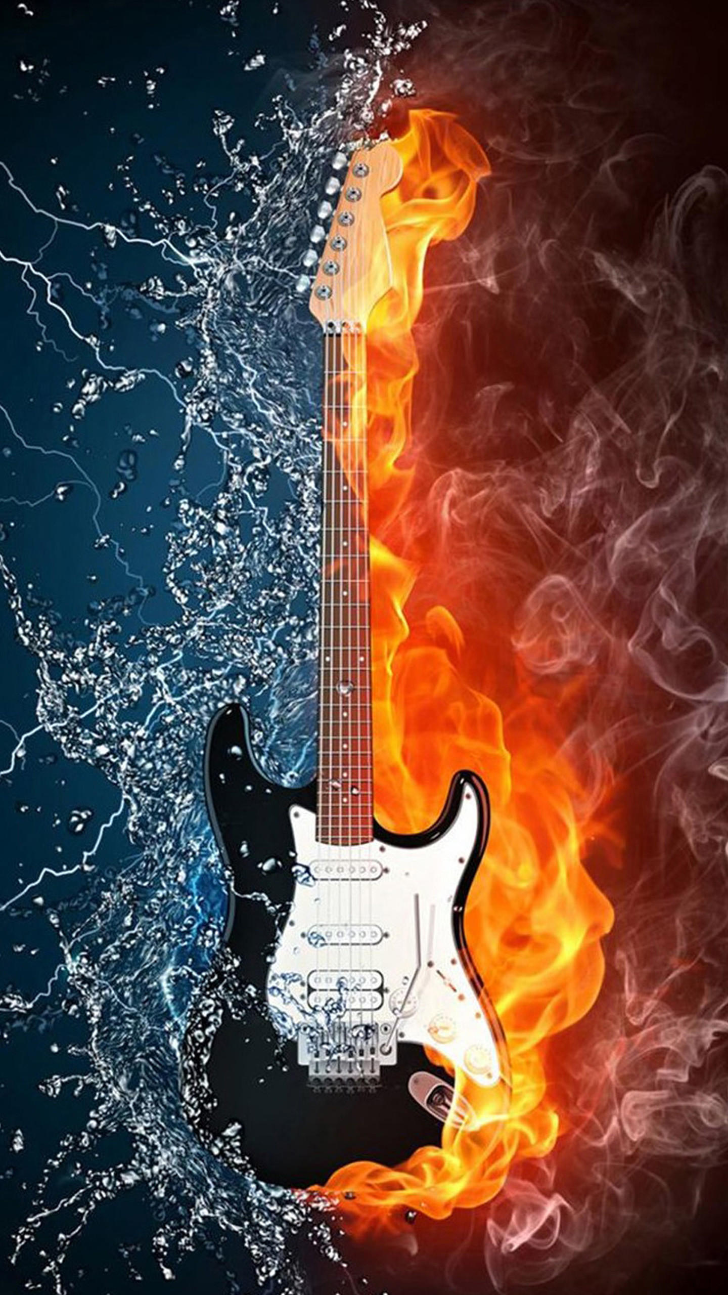 Chitarra elettrica, Fuoco e acqua, Arte digitale, QHD+, schermata di blocco del cellulare