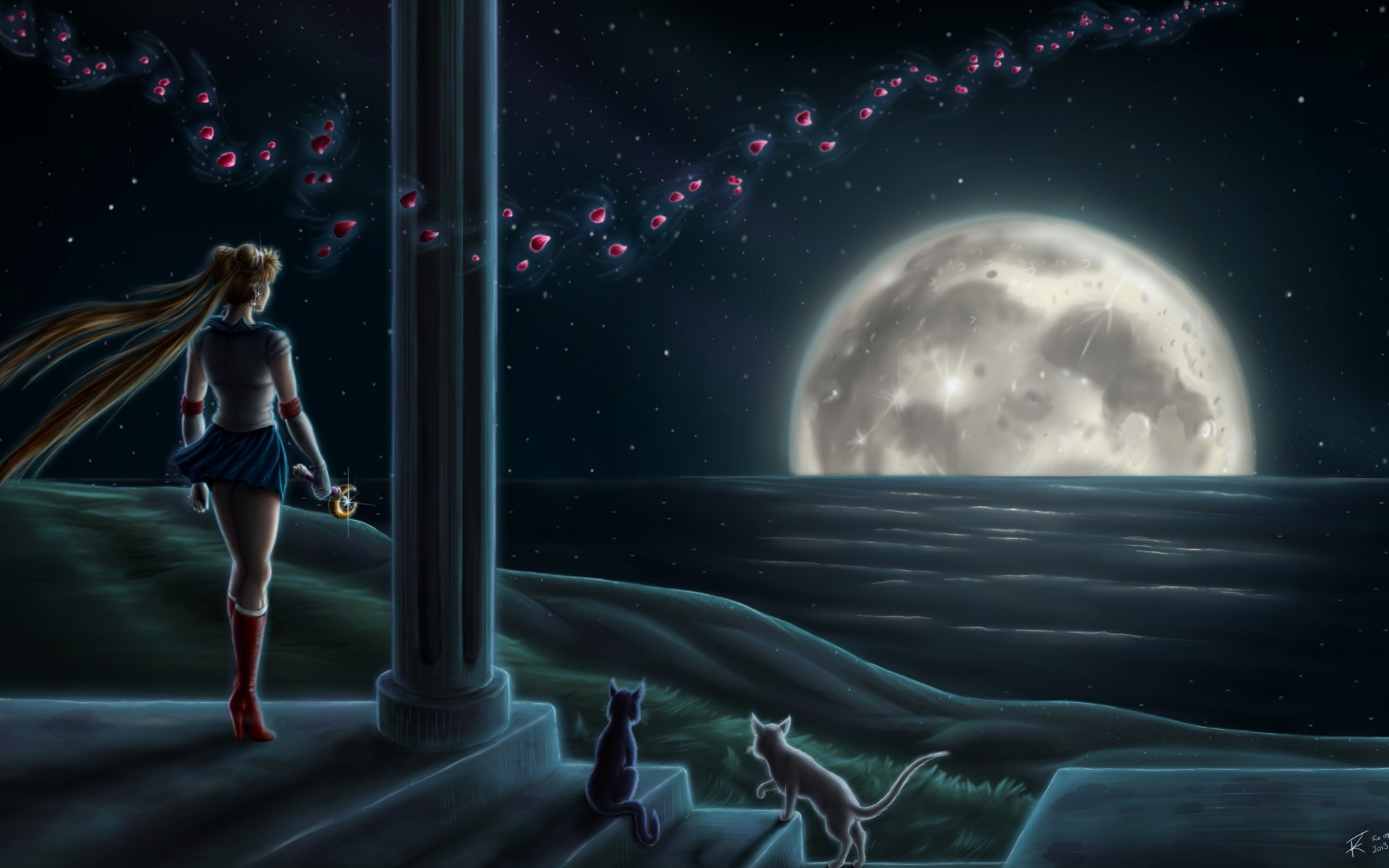 Sailor Moon, Luna piena, Mare, Notte, Gatti, 16:10 Full HD, wallpaper widescreen