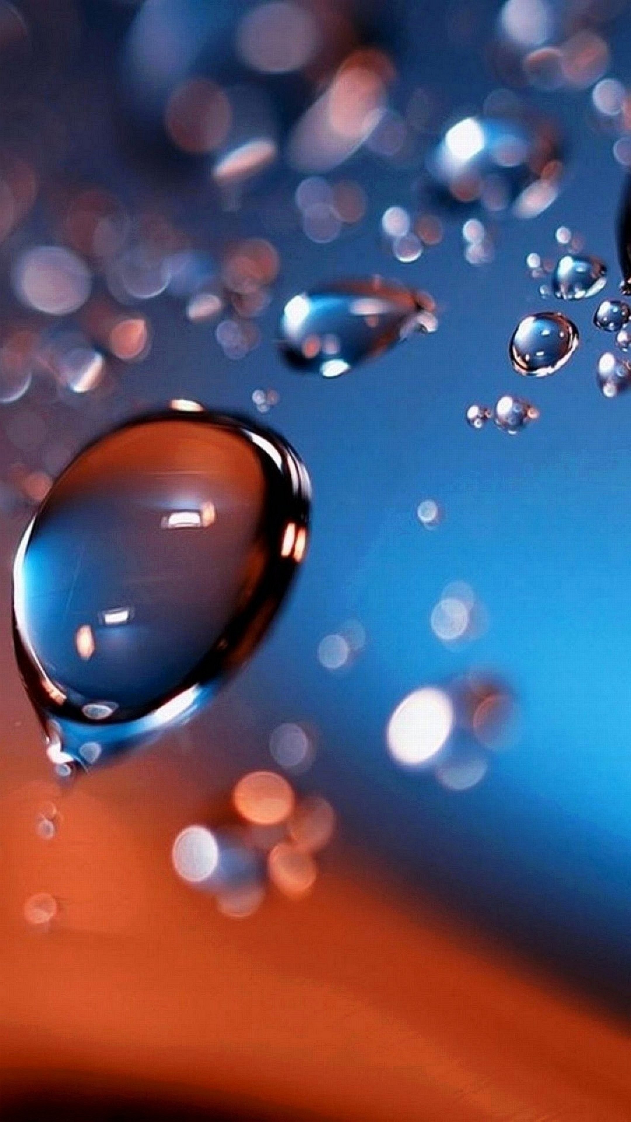Goccia d'acqua, Macro, Bokeh, Blu e arancione, QHD+, sfondo verticale per cellulare