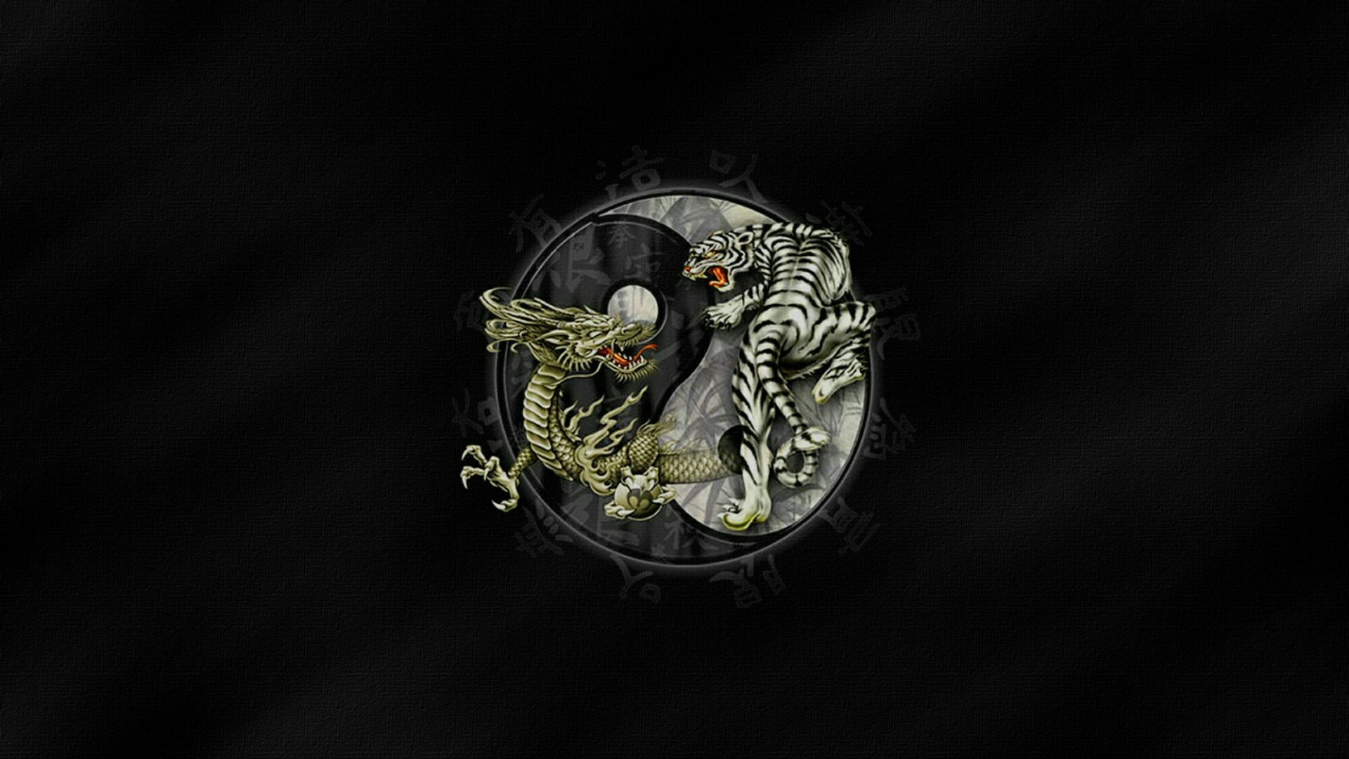 Yin e yang, Drago, Tigre, Sfondo nero, 16:9 Full HD, wallpaper widescreen