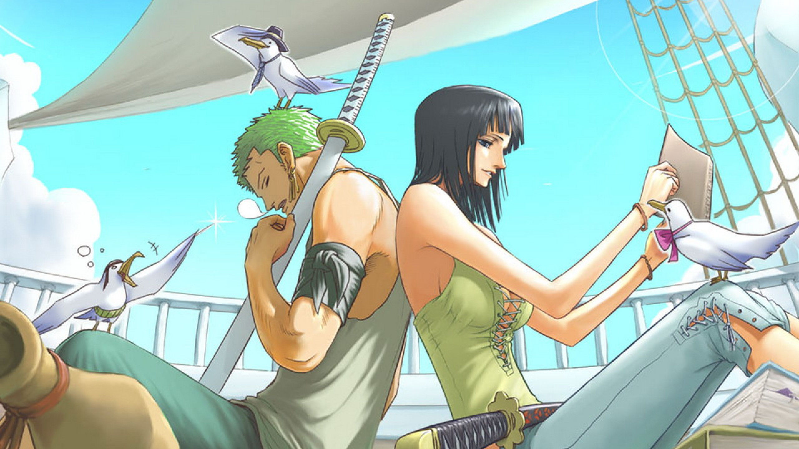 Roronoa Zoro, Nico Robin, One Piece, Nave, Gabbiani, 2560x1440, immagine di sfondo