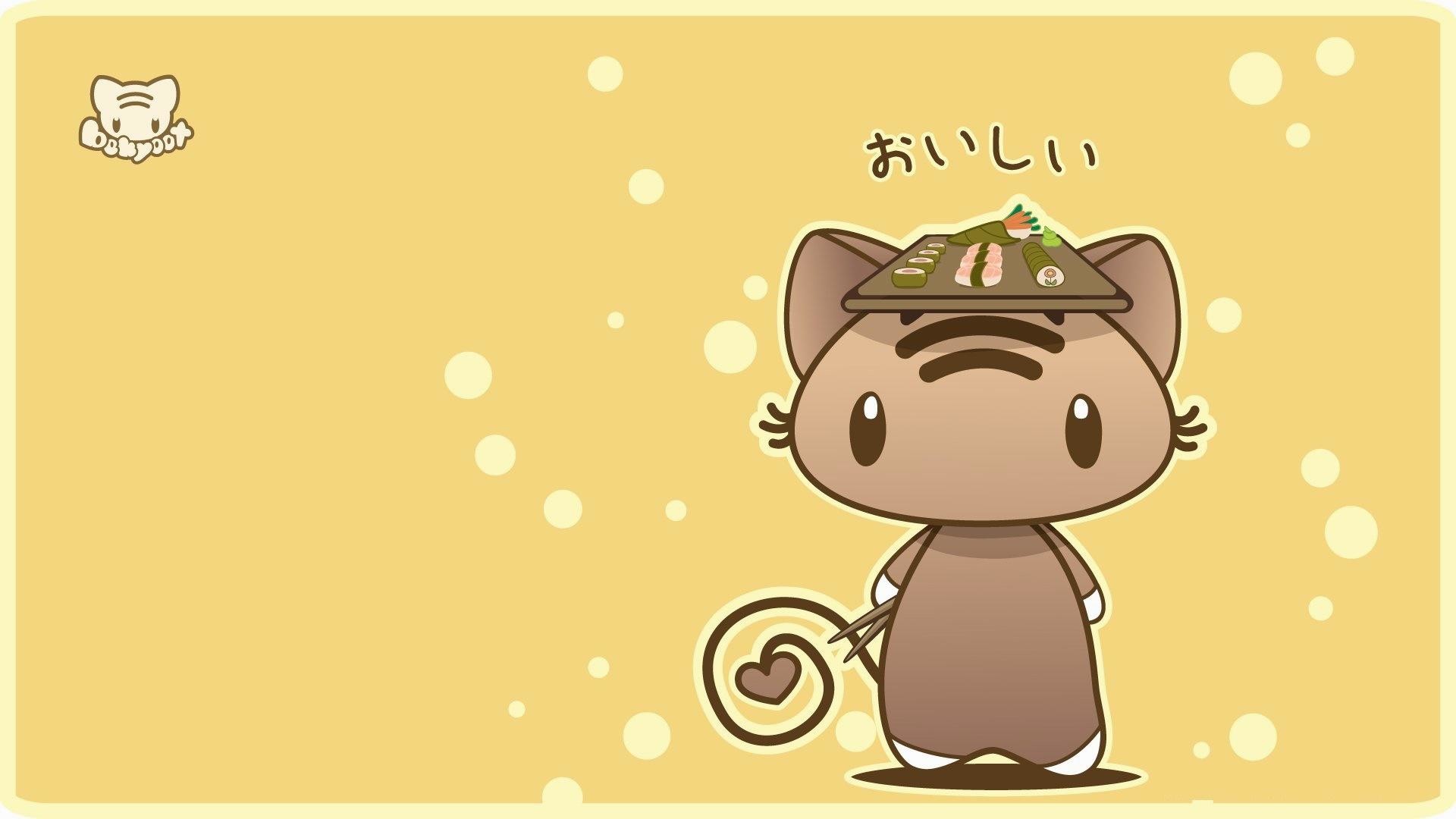 Gattino, Oishii, Kawaii, Sfondo giallo, Full HD, wallpaper per PC