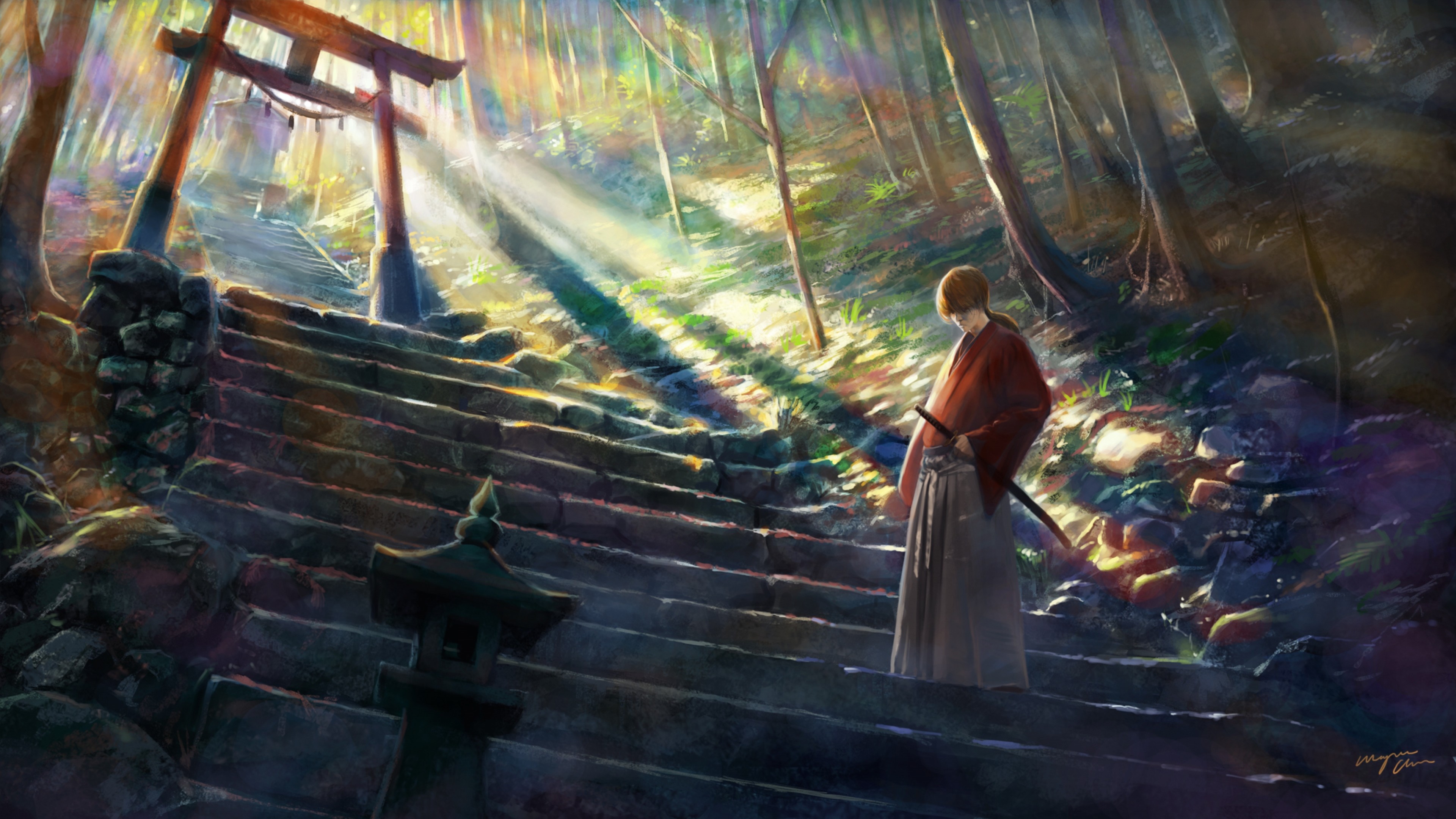 Kenshin Himura, Rurouni Kenshin, Torii, Scalinata, Foresta, 16:9 4K, sfondo widescreen