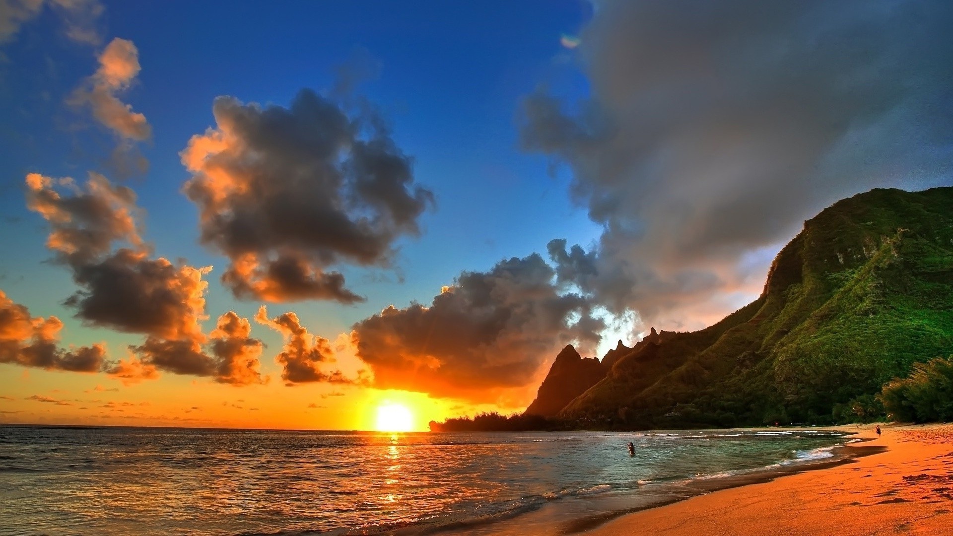 Tramonto, Spiaggia, Montagne, Hawaii, Nuvole, sfondo desktop PC