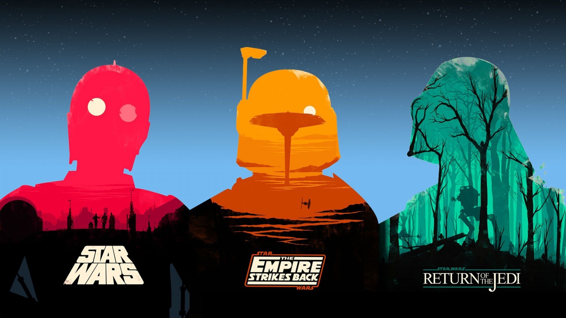 C-3PO, Boba Fett, Darth Vader, L'Impero colpisce ancora, Il ritorno dello Jedi, Minimalista, sfondo 1080p