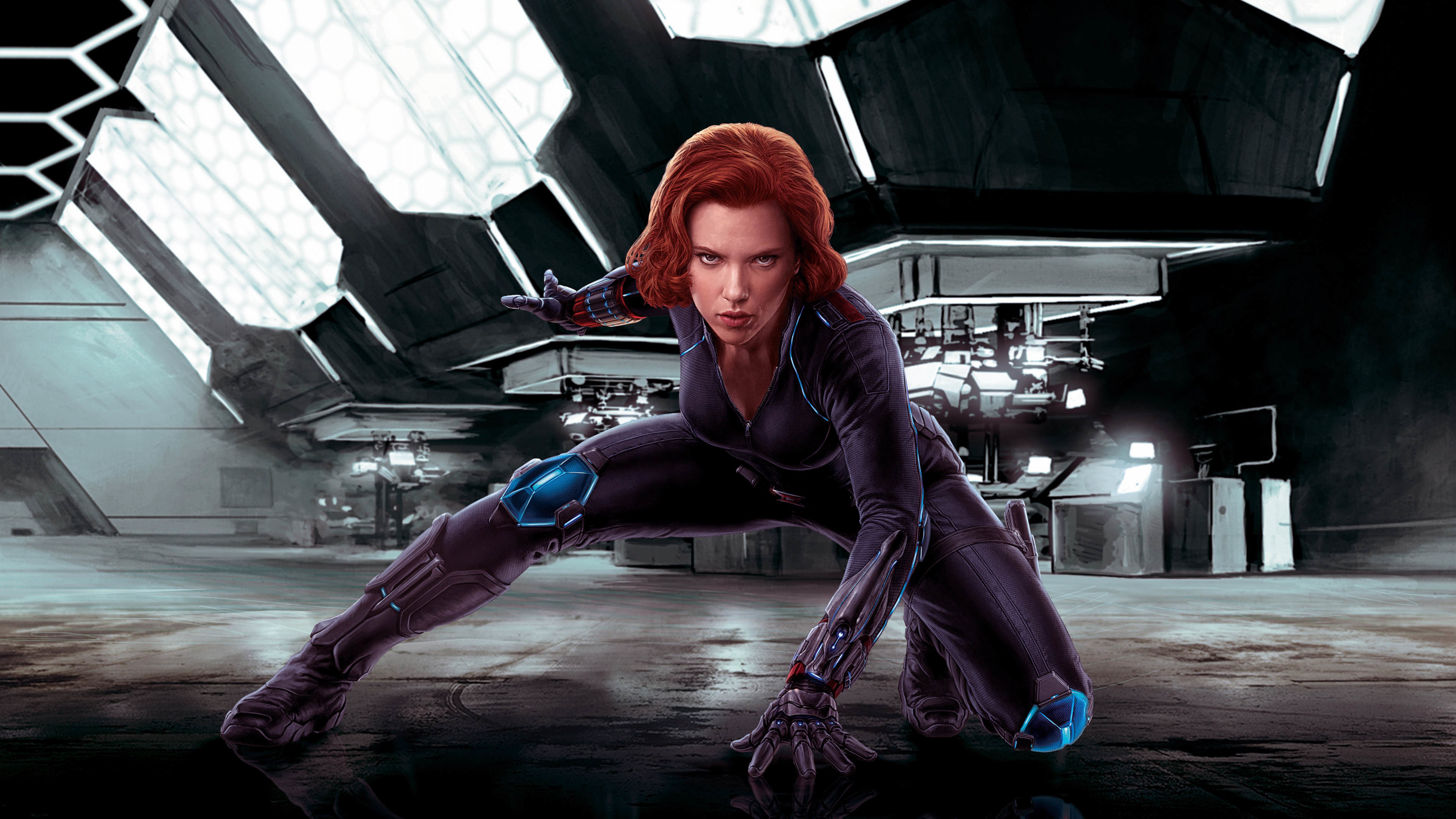 Scarlett Johansson, Vedova Nera, Marvel, Tuta nera, Capelli rossi, sfondo 4K per portatile