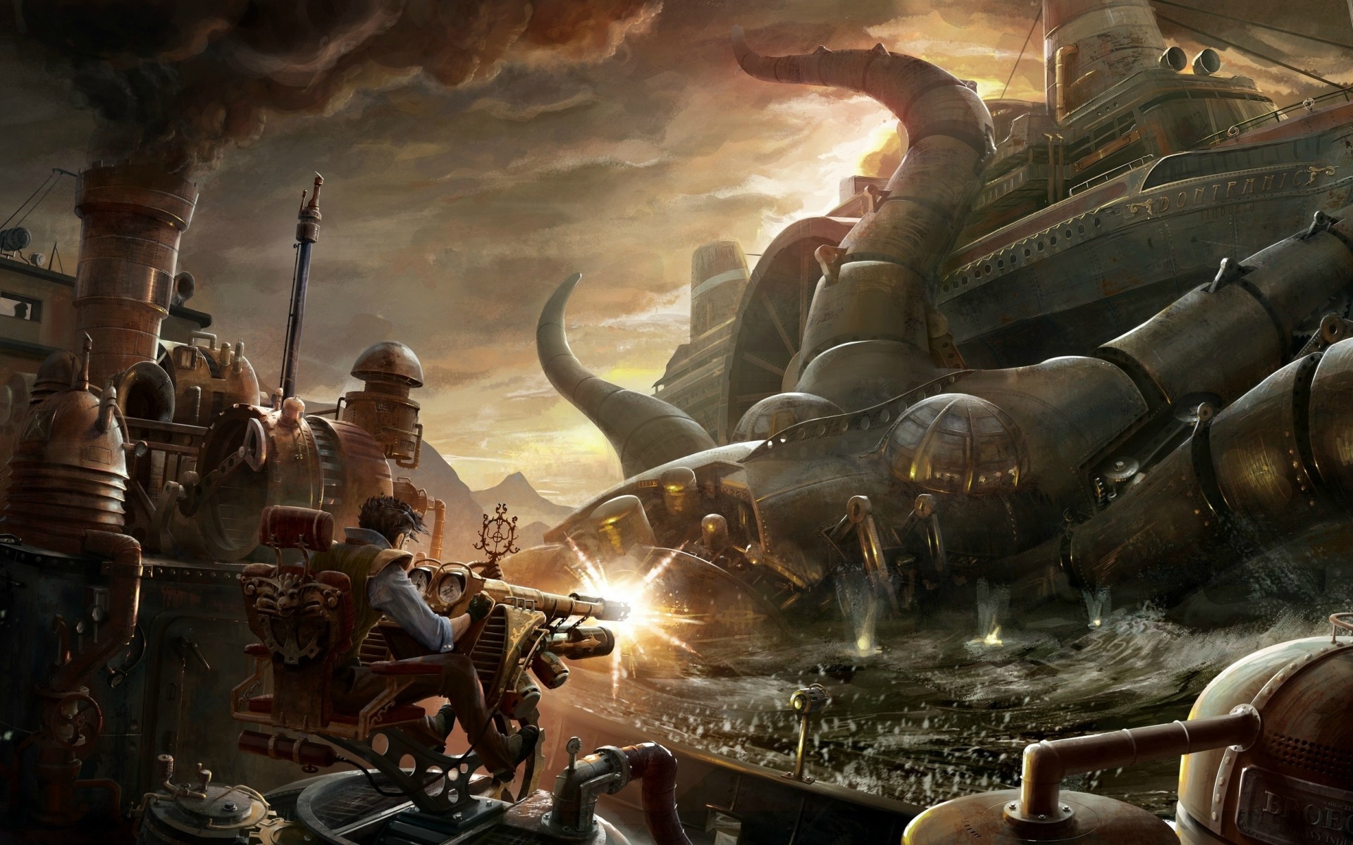Macchina da guerra, Mostro marino, Steampunk, Battaglia, Full HD, wallpaper per computer