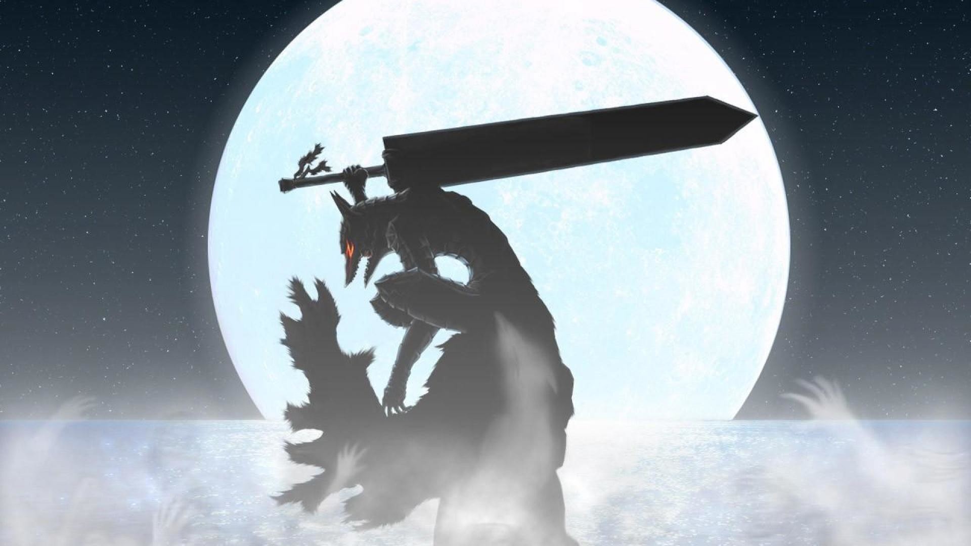 Gatsu, Armatura del Berserker, Ammazzadraghi, Berserk, Luna piena, sfondo 16:9 Full HD