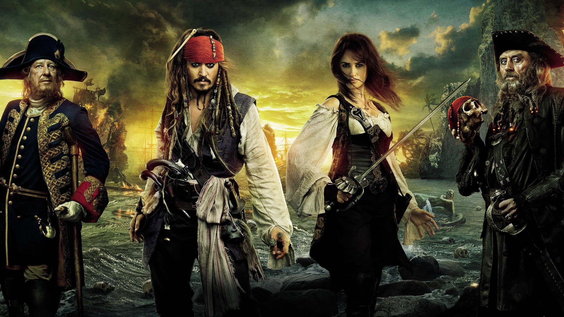Jack Sparrow, Angelica, Barbanera, Hector Barbossa, Pirati dei Caraibi: Oltre i confini del mare, sfondo per PC