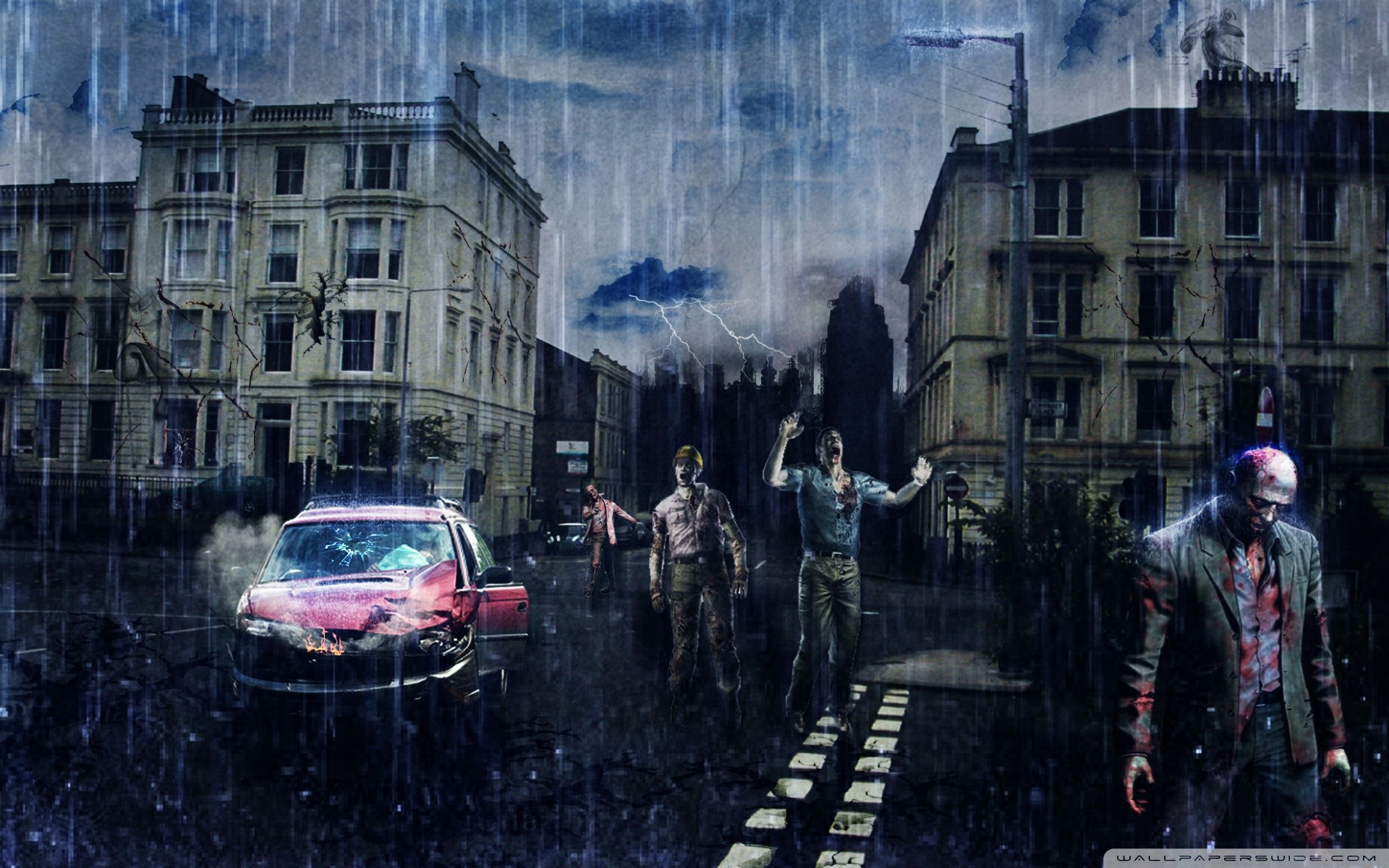 Zombi, Pioggia, Strada, Città, Notte, 1920x1200, immagine di sfondo