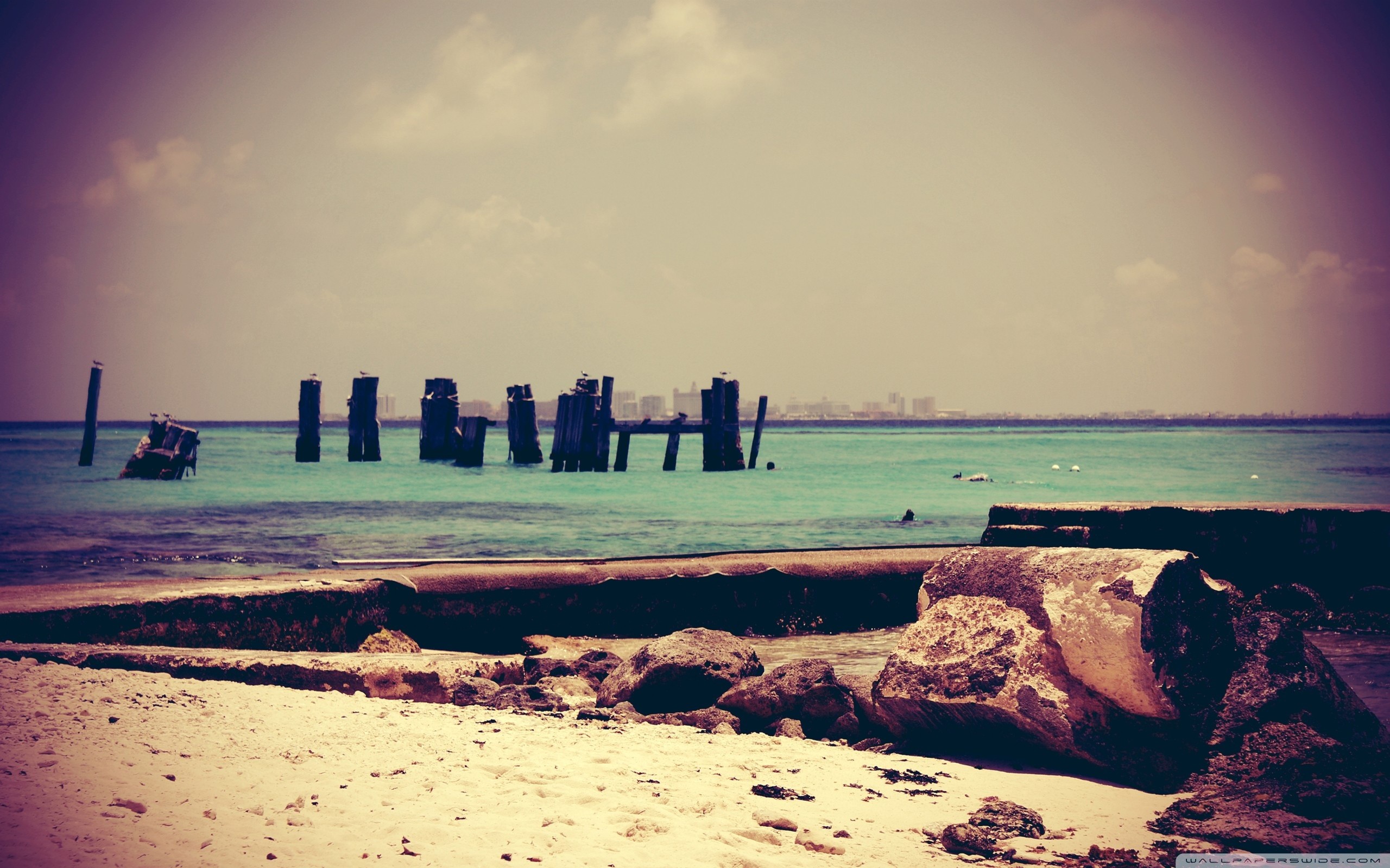 Spiaggia, Pontile in rovina, Mare, Effetto vintage, 2560x1600, sfondo per PC