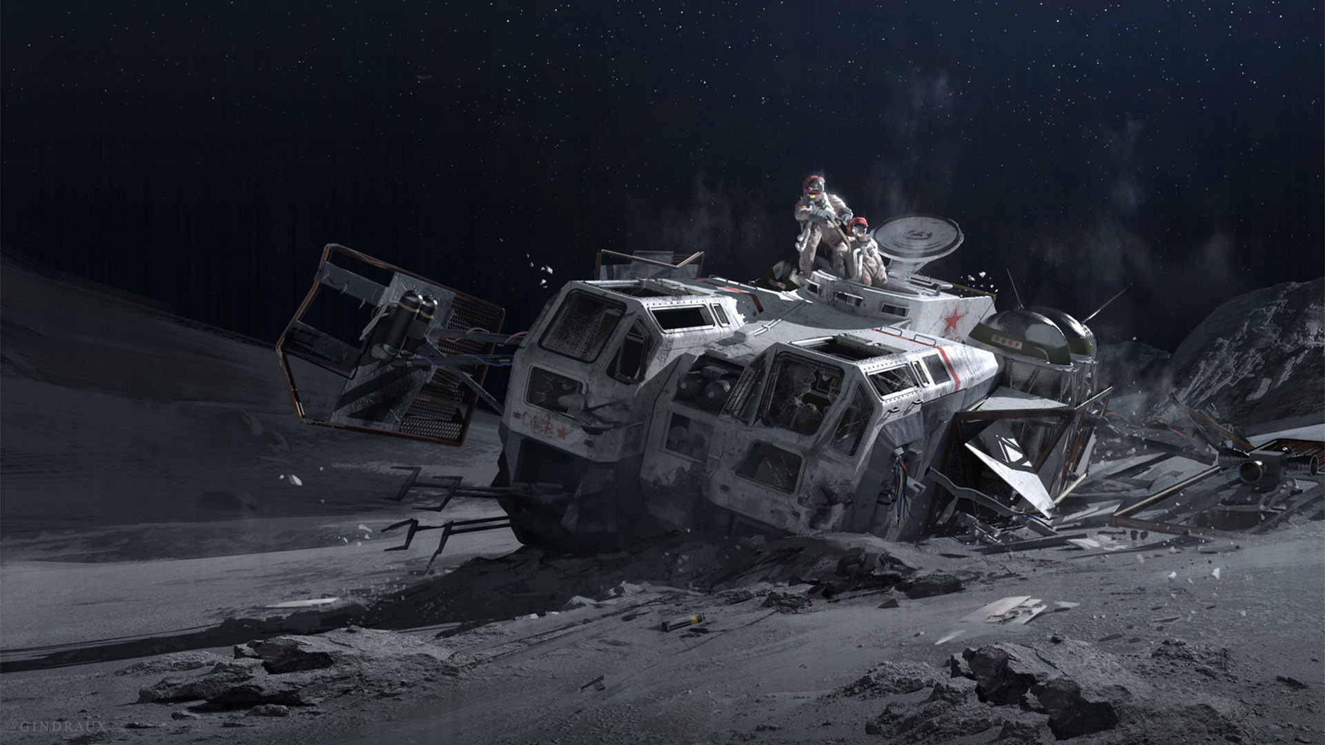 Astronave precipitata, Astronauta, Superficie lunare, Fantascienza, wallpaper Windows 11