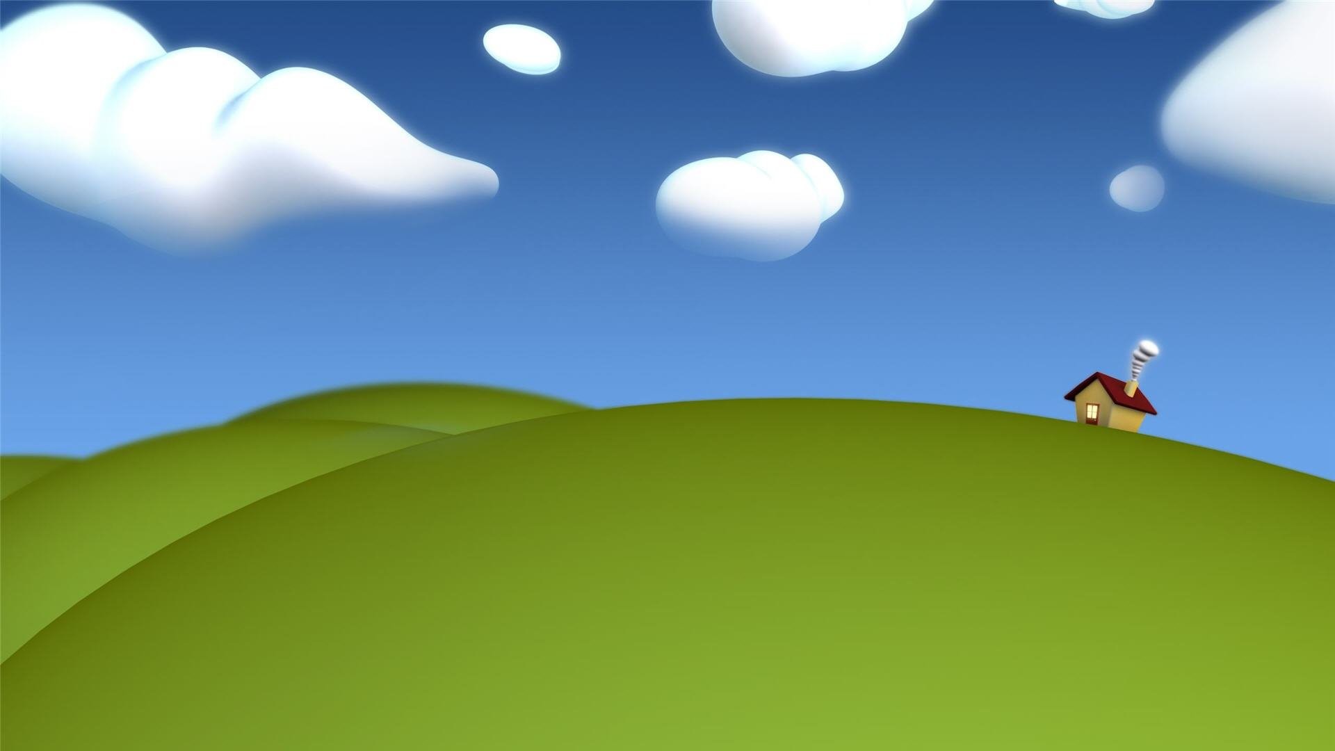 Colline verdi, Casetta, Nuvole, Minimalista, Full HD 1080p, sfondo desktop