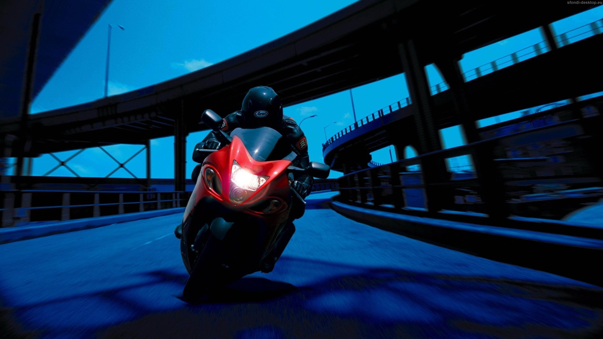 Suzuki Hayabusa, Moto sportiva, Ponte, Blu, Full HD, sfondo desktop
