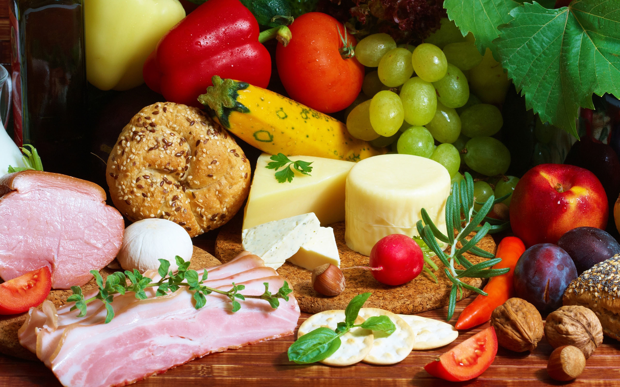 Salumi, Formaggi, Verdure, Frutta, Pane, 2K, sfondo desktop