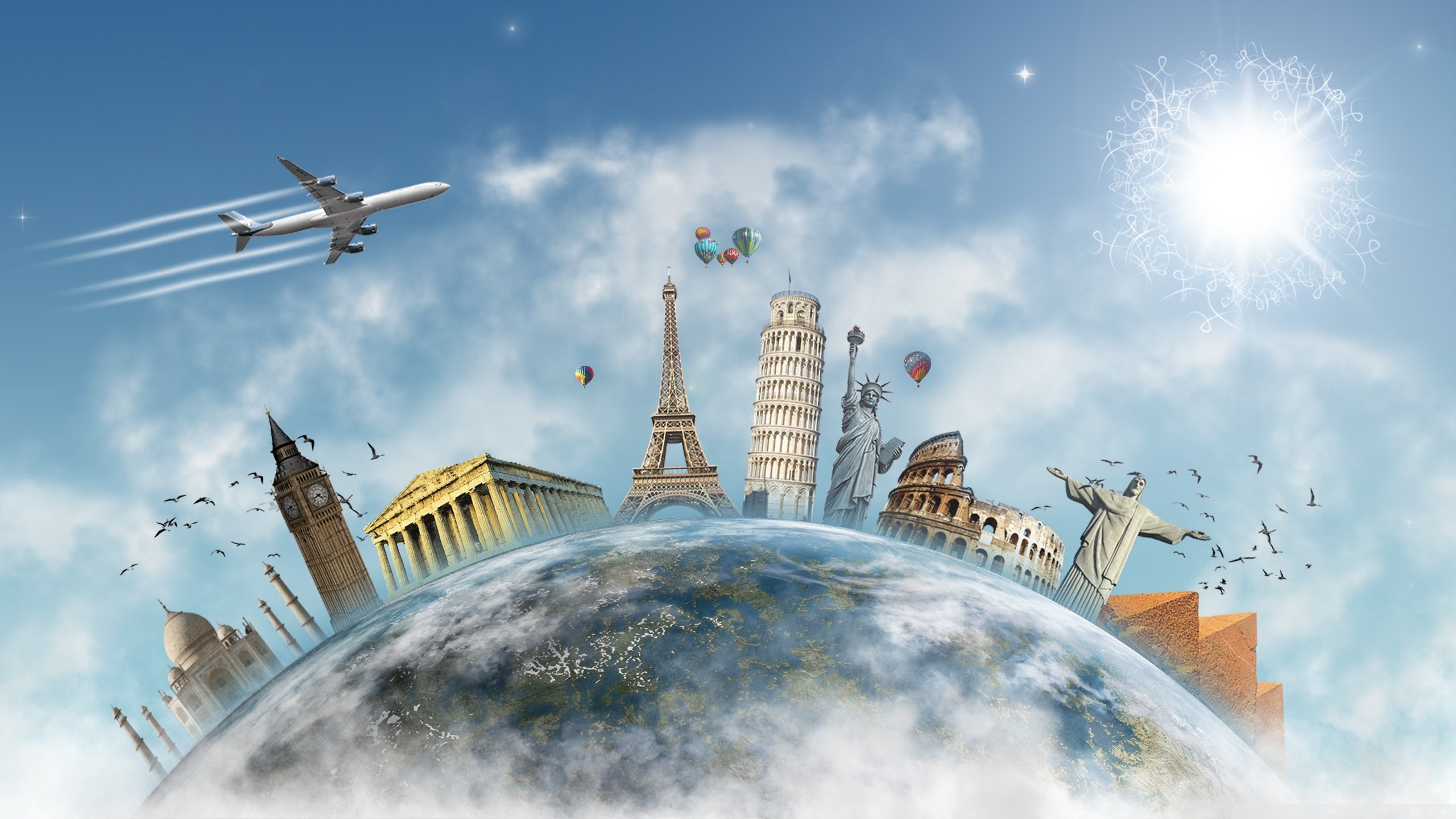 Monumenti del mondo, Torre Eiffel, Torre di Pisa, Big Ben, Aereo, Globo, sfondo 2K per computer