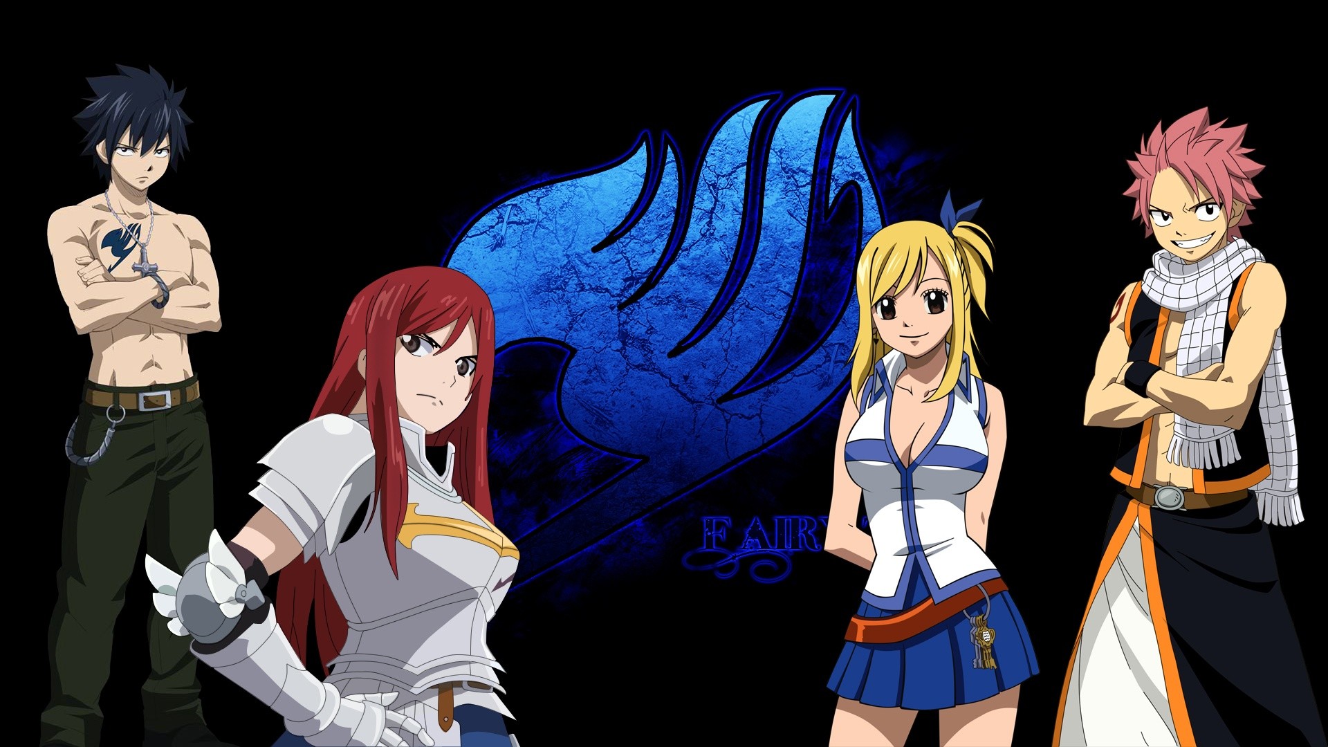 Gray Fullbuster, Erza Scarlet, Lucy Heartfilia, Natsu Dragneel, Fairy Tail, Sfondo nero, wallpaper Full HD