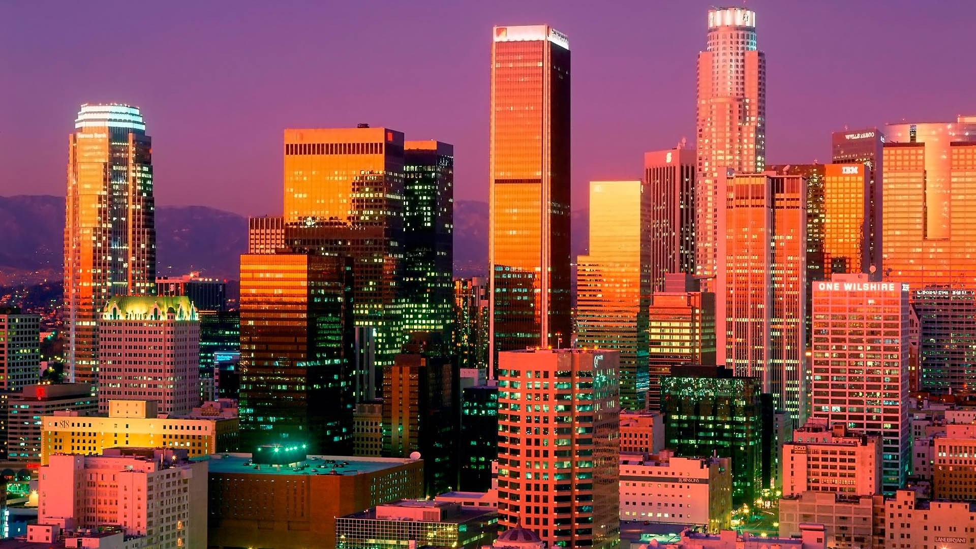 Downtown Los Angeles, Grattacieli, Crepuscolo, Riflessi dorati, 1920x1080, sfondo per PC
