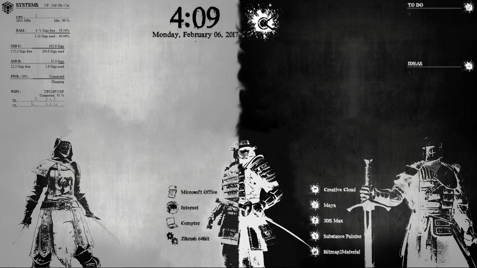 For Honor, Rainmeter, Guerrieri, Bianco e nero, Orologio, 16:9 Full HD, sfondo widescreen