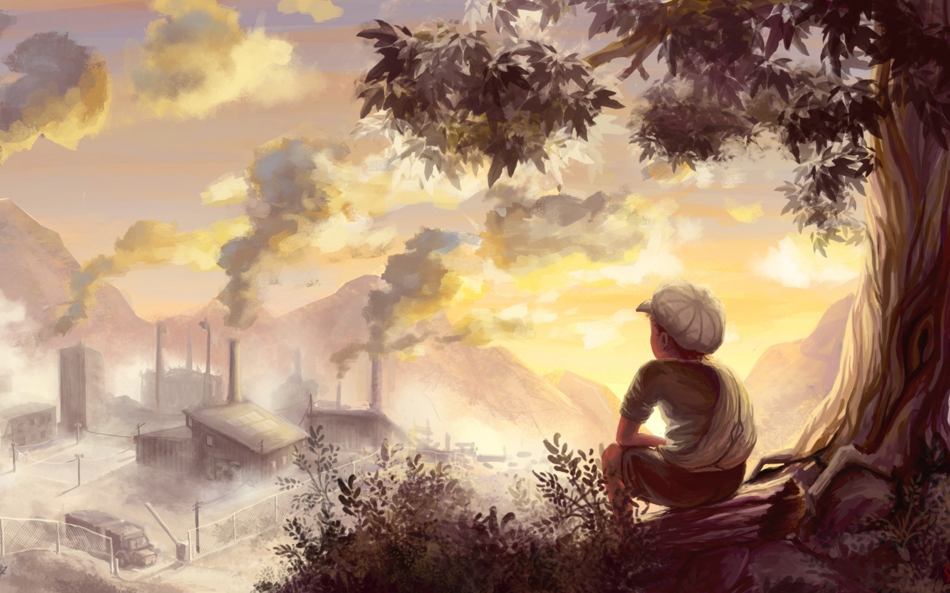 Bambino sotto l'albero, Fabbriche, Ciminiere, Pittura digitale, Tramonto, wallpaper desktop Full HD