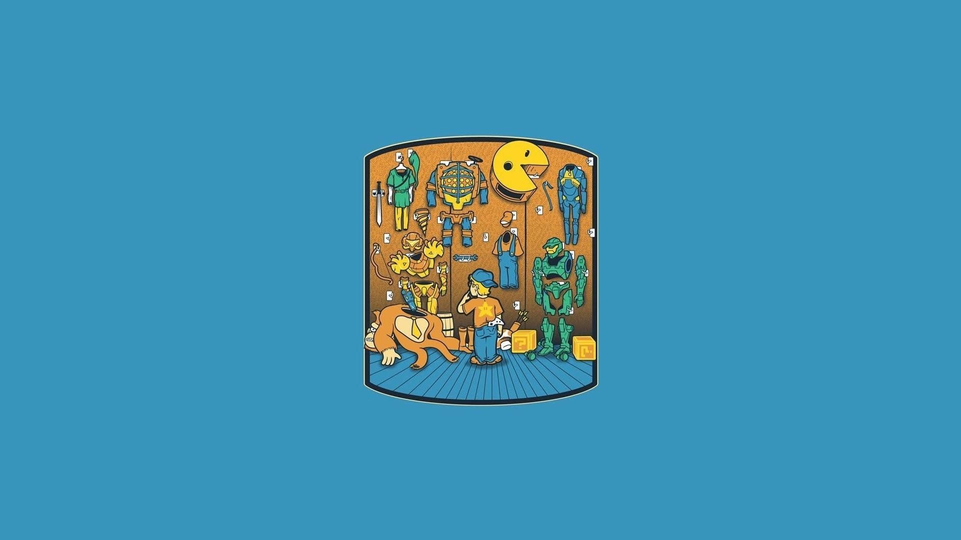 Pac-Man, Illustrazione, Personaggi retrò, Sfondo azzurro, Crossover, wallpaper Windows 11
