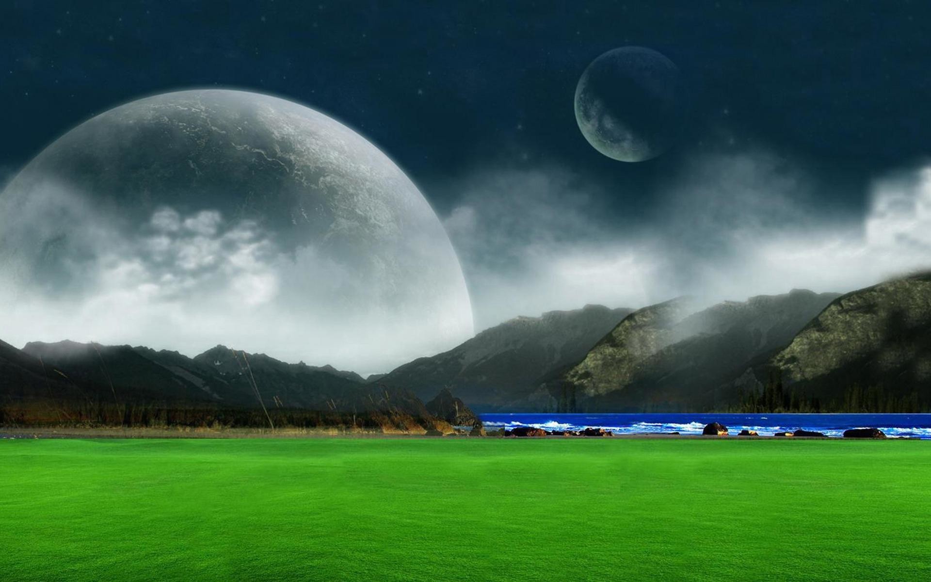 Luna gigante, Prato, Montagne, 1920x1200, sfondo per PC