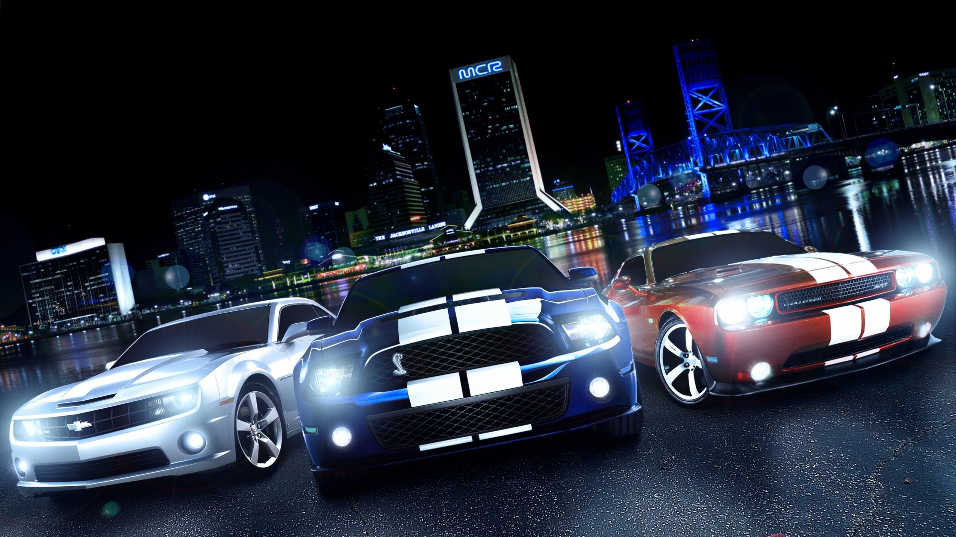 Chevrolet Camaro, Ford Mustang Shelby GT500, Dodge Challenger, Muscle car, Notte, sfondo per PC