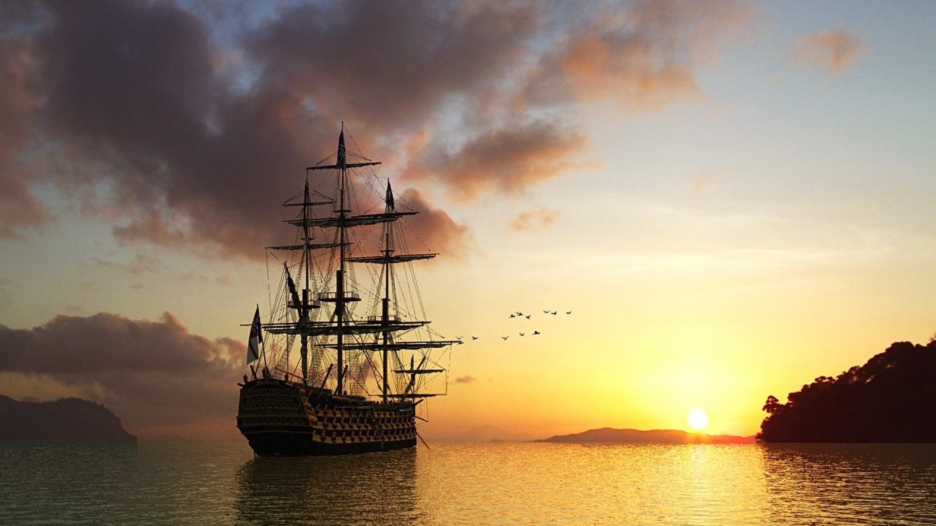 Sole, Veliero, Tramonto, Mare, Full HD, sfondo per PC