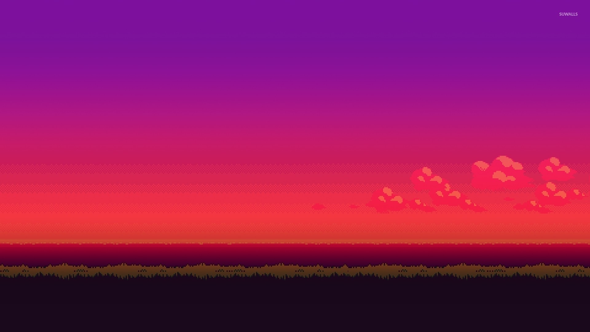 Pixel art, Tramonto, Cielo viola, Nuvole rosa, Full HD, sfondo Windows 11