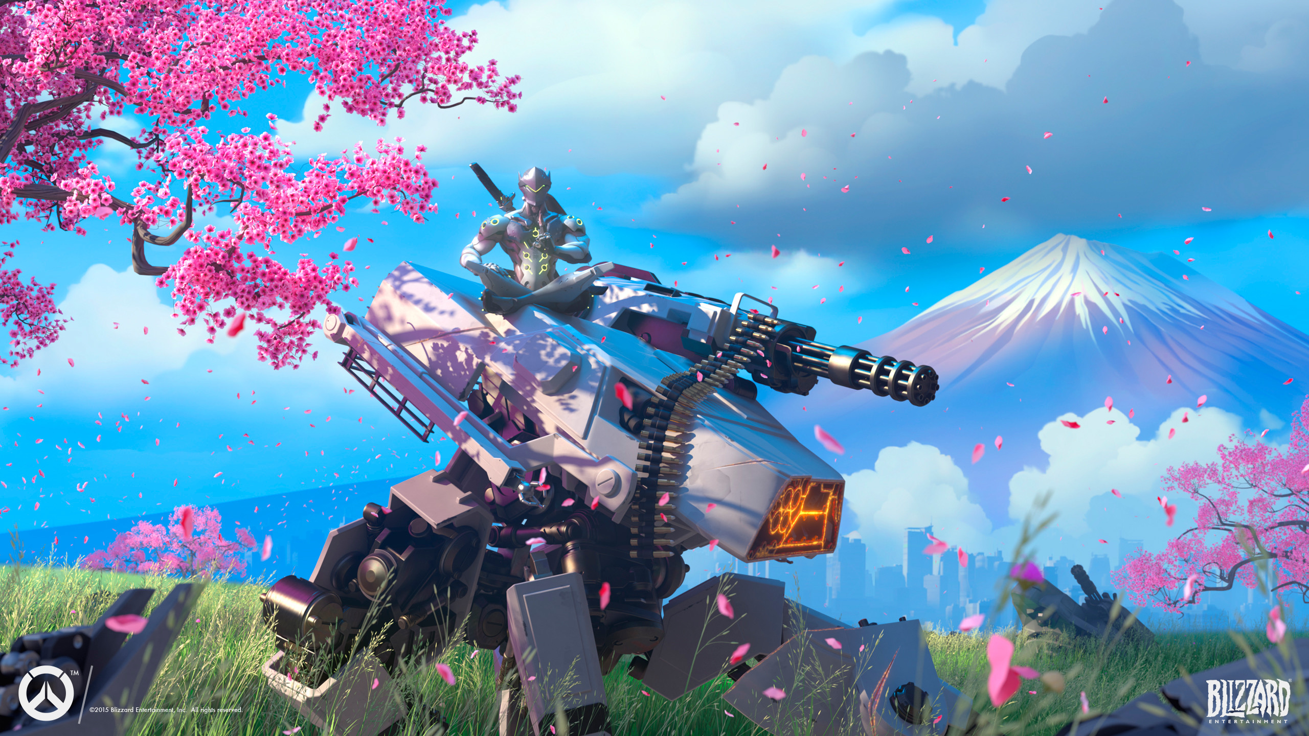 Bastion, Overwatch, Ganymede, Monte Fuji, Ciliegi in fiore, 2K, sfondo Windows 11