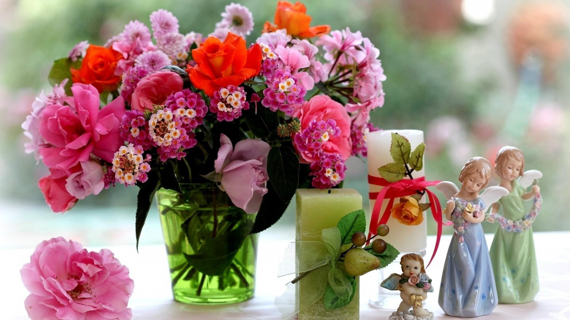 Statuine di angeli, Fiori, Mazzo, Candele, Full HD, sfondo Windows 11