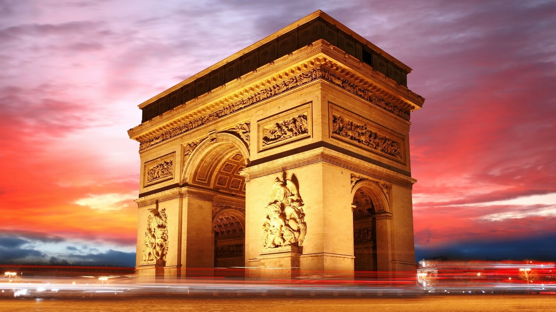 Arco di Trionfo, Parigi, Tramonto, Scie luminose, Full HD, wallpaper per PC
