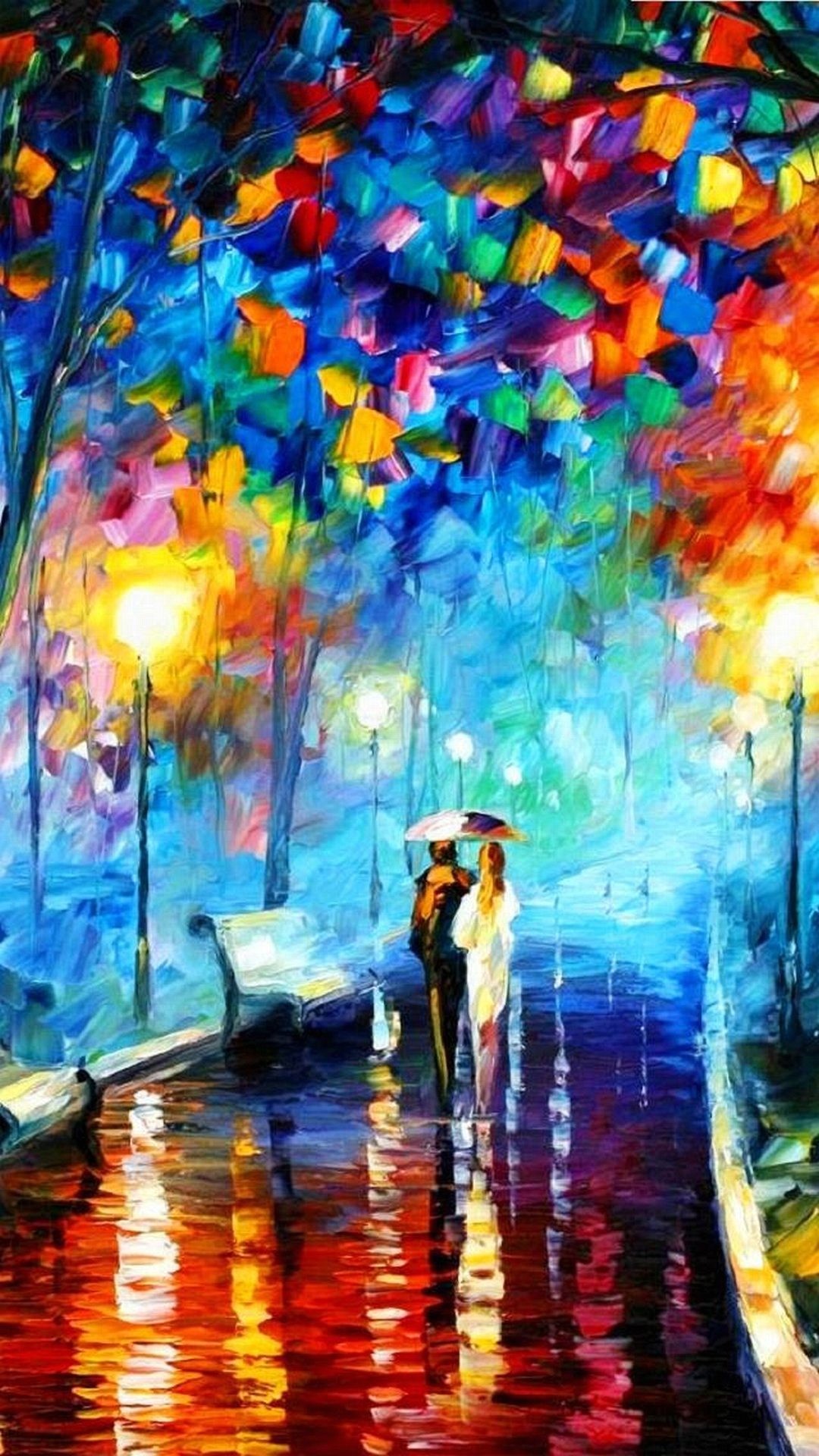 Leonid Afremov, Pittura a olio, Coppia, Pioggia, Parco notturno, schermata Home dello smartphone